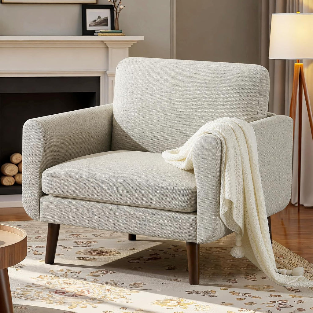 Oversized Accent Chair for Living Room, Mid-Century Modern Comfy Reading Chair, Linen Fabric Solid Wood Frame Armchair, Upholstered Oatmeal Living Room Accent Chairs for Adults