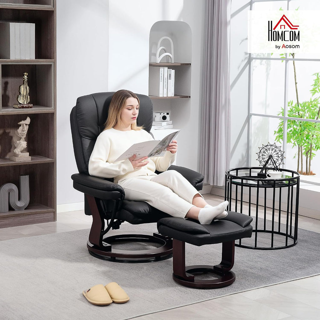 HOMCOM Recliner Chair with Ottoman, PU Leather Swivel Recliner with Comfy Footrest, Upholstered Adjustable Living Room Chair and Ottoman Set, Black