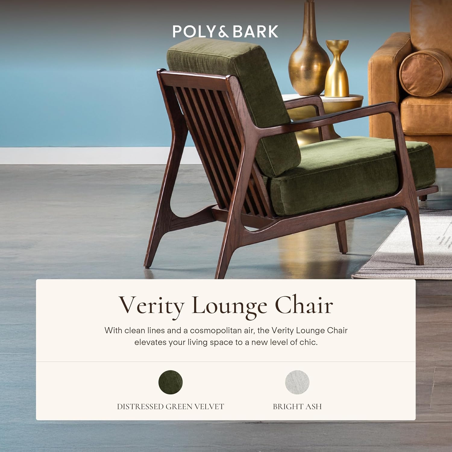 Poly & BARK Verity Fabric Accent Chair – Fabric Armchair with Walnut Wood Frame – Fashion-Forward Lounge Seating for Living Room – Upholstered in Distressed Green Velvet for Modern Style