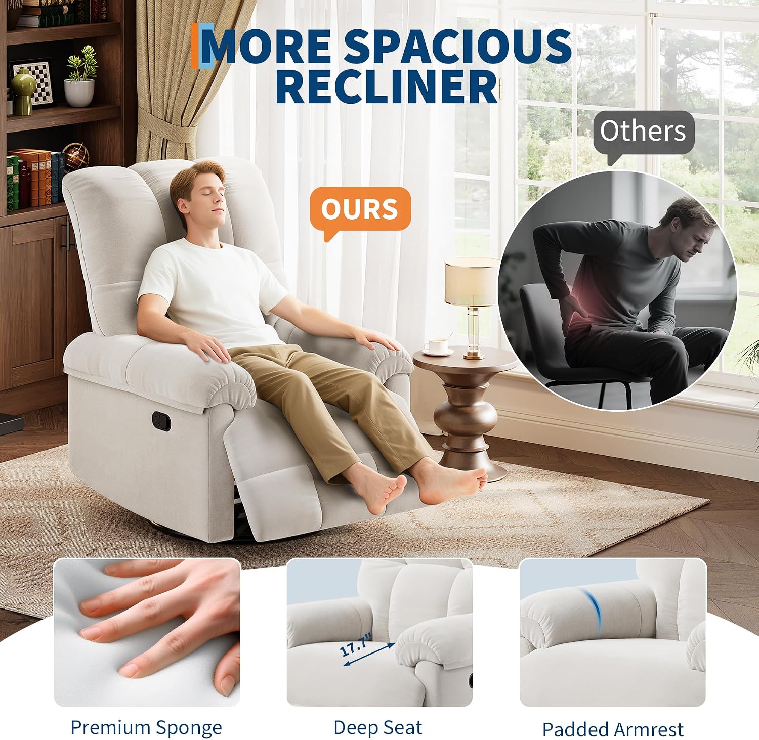 GarveeHome Recliner Chair, 360° Swivel Rocker Glider Nursery Chair with Padded Armrest and Deep Seat, Chenille Upholstered Reclining Sofa Chair for Living Room, Bedroom and Nursery(Cream)