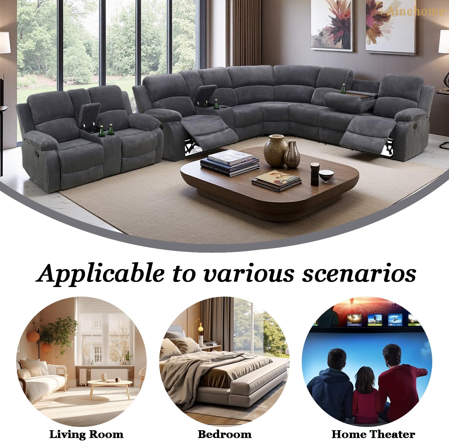 A Ainehome Sectional Recliner Sofa Set with Storage, Living Room Furniture Set Corduroy Sofa Sets Manual Reclining Sectional Couches for Living Room with 4 Recliner Seats(Living Room Set, Dark Grey)