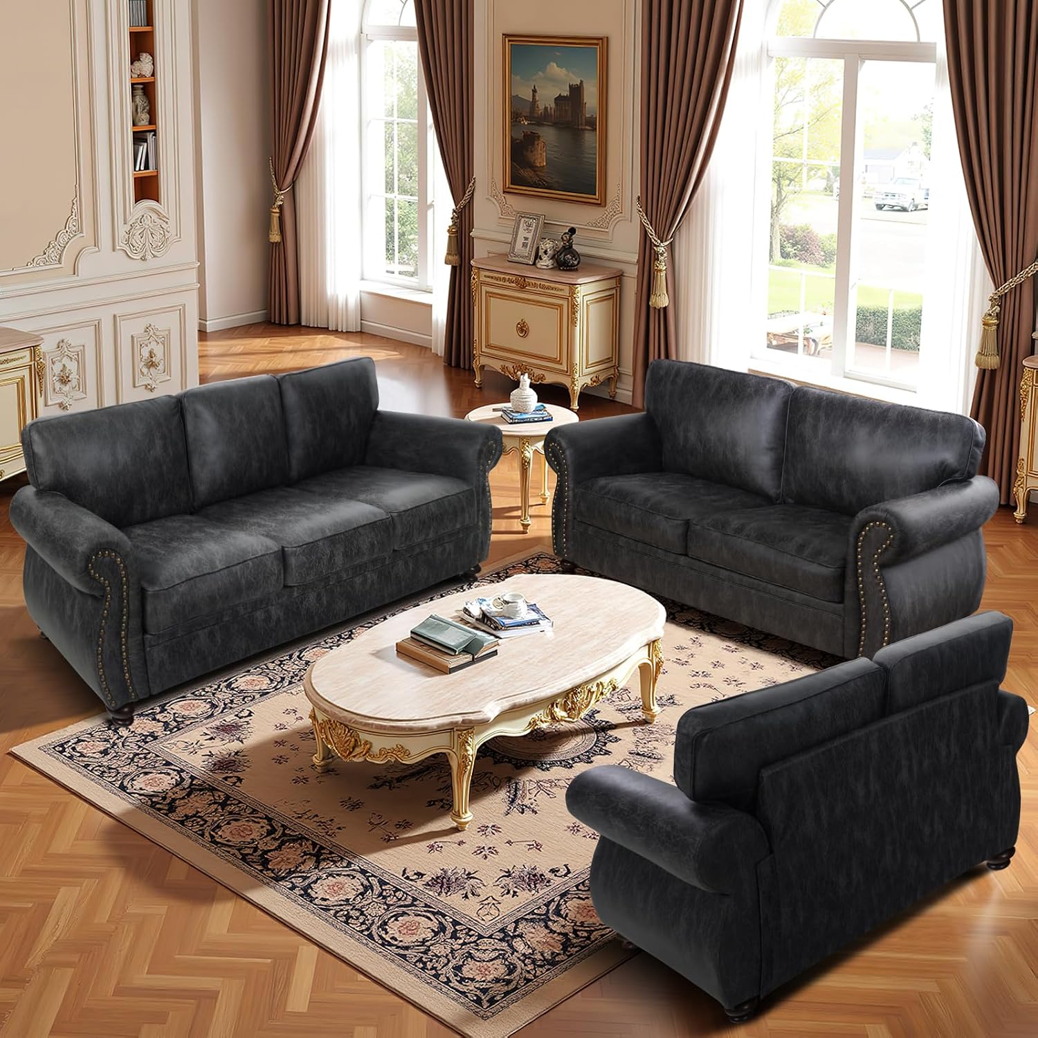 Couchus Mid-Century Vintage Sofa Couches with Rivet Design,3-Seater Sofa,Removable Sofa Cover Upholstered Cushions and Solid Wood Frame (Grey, 3-Seater)