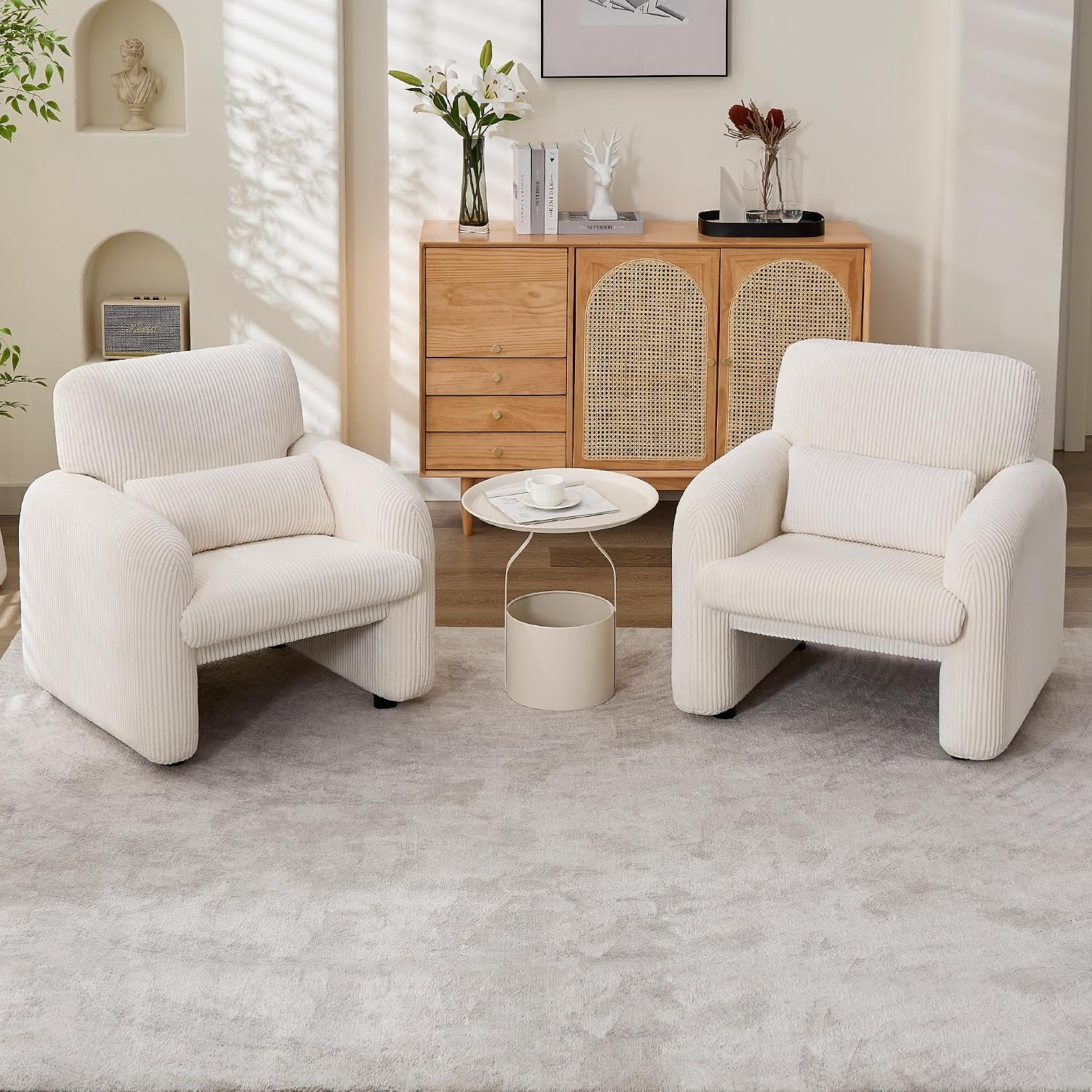 WUTUTUEE Corduroy Fabric Accent Chairs Set of 2, Modern Upholstered Living Room Chairs with Lumbar Pillow, Wide Comfy Leisure Armchair for Bedroom, Office, Reading, White