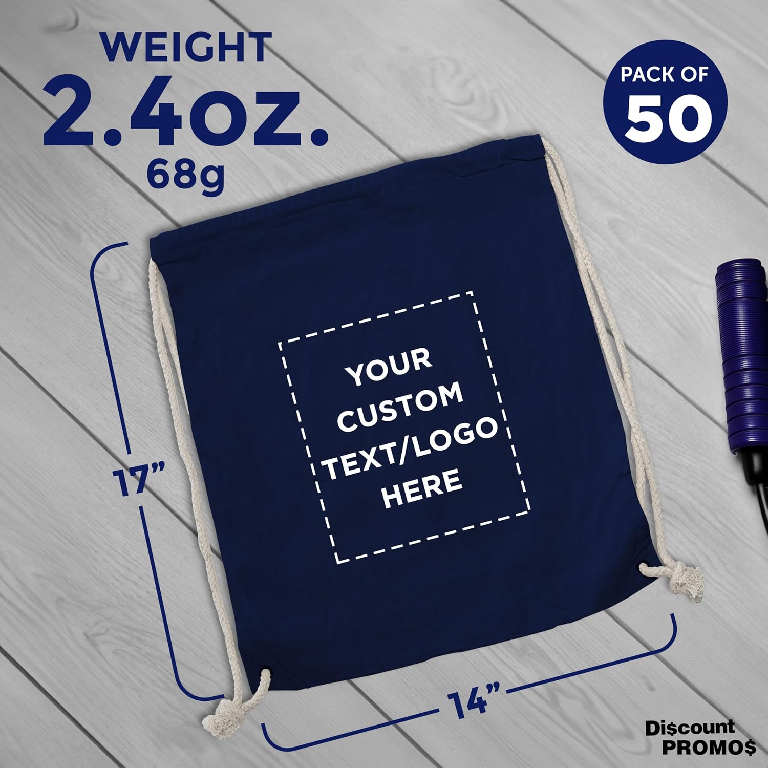 DISCOUNT PROMOS Custom Cotton Drawstring Backpacks Set of 50, Personalized Bulk Pack - Bring Everywhere You Go and For Everyday Use - Navy Blue
