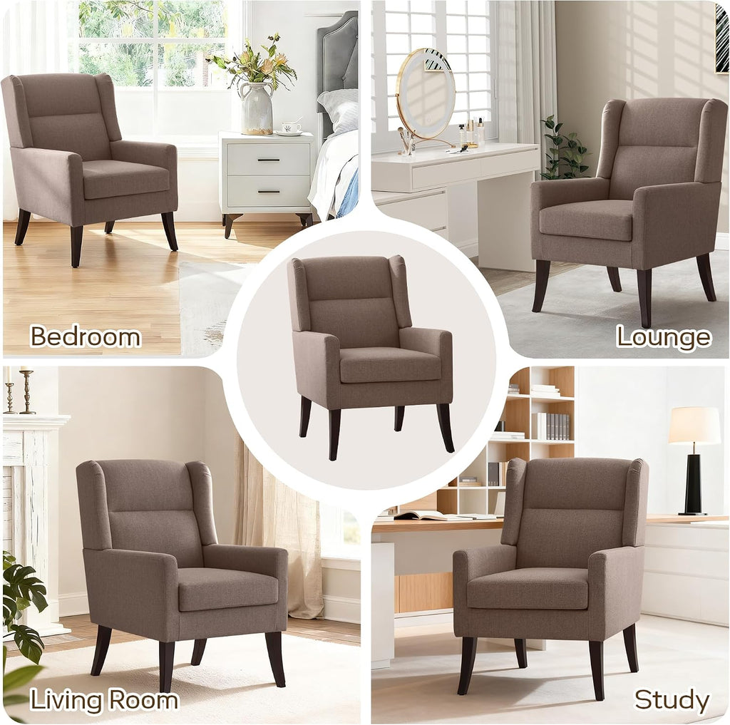 Zihanhome High Back Living Room Chairs,Accent Chairs Set of 4,Mid Century Modern Accent Chair, Comfy Reading Chair, Upholstered Armchair with Wooden Legs for Living Room, Bedroom, Apartment (4,Brown)