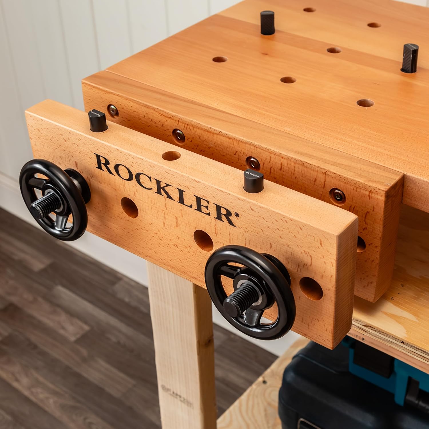 Rockler Handy Bench Portable Woodworking Workbench with Moxon Vise - 16x32 Solid Beech Benchtop, 4x4 Dog Hole Grid - Adjustable Steel Base Brackets, Compact Work Table for Garage or Shop