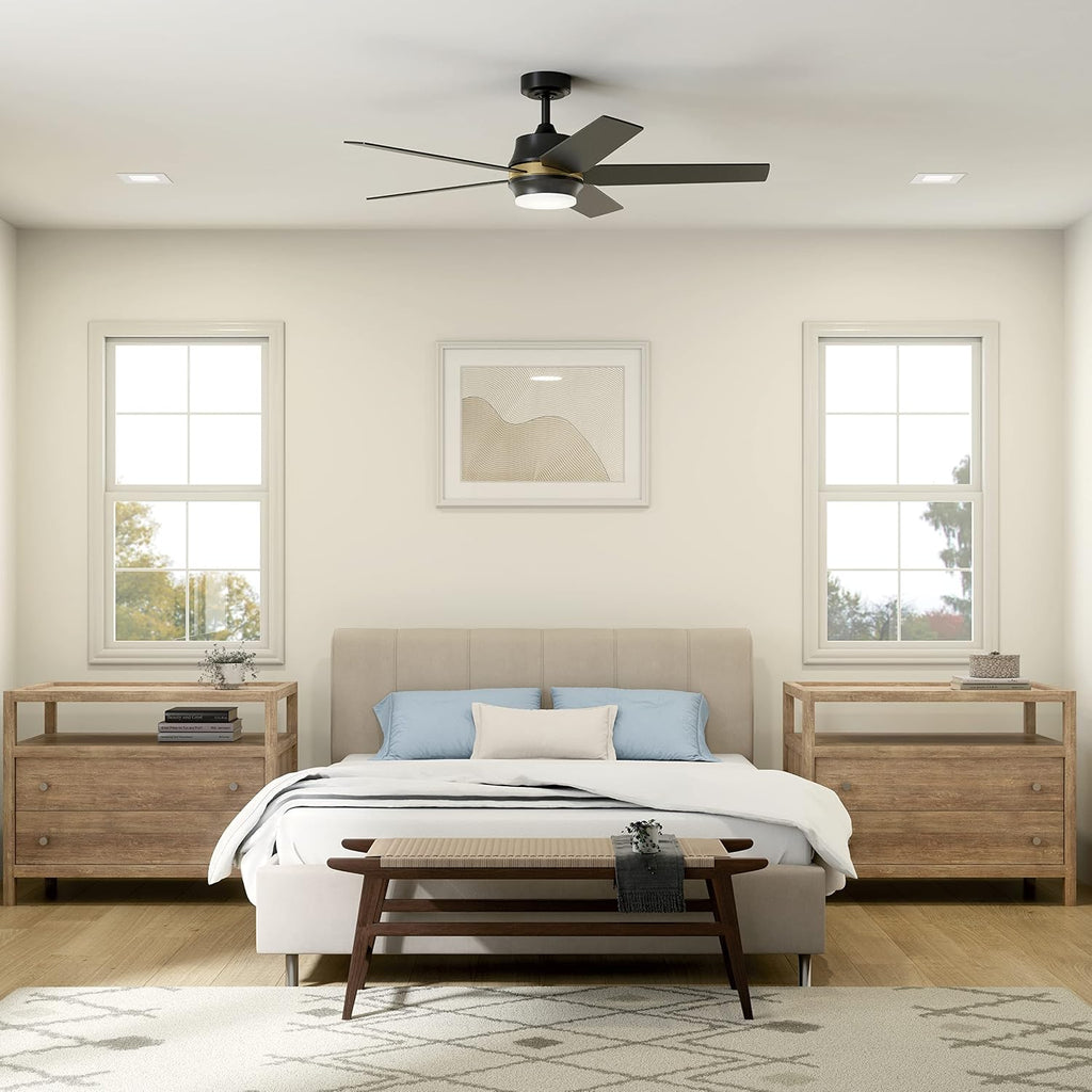 Kichler Maeve 52 in LED Ceiling Fan with Light, Modern Indoor Fan with Satin Etched Cased Opal Glass in Satin Black, Natural Brass Accent Ring, Wall Control, for Bedroom Living Room, 300059SBK