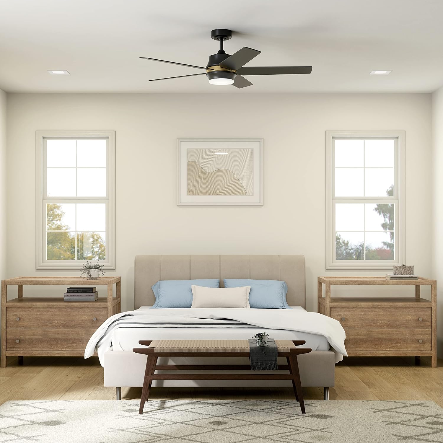 Kichler Maeve 52 in LED Ceiling Fan with Light, Modern Indoor Fan with Satin Etched Cased Opal Glass in Satin Black, Natural Brass Accent Ring, Wall Control, for Bedroom Living Room, 300059SBK