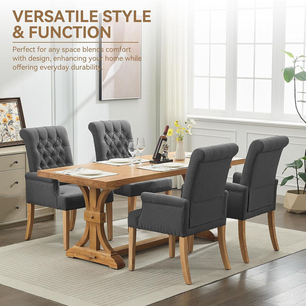 WUTUTUEE Fabric Dining Chair with Arms, Upholstered Tufted High Back Dining Room Chairs, Accent Armchair with Solid Wood Leg and Nailhead Trim, Kitchen Dining Living Room, Dark Grey