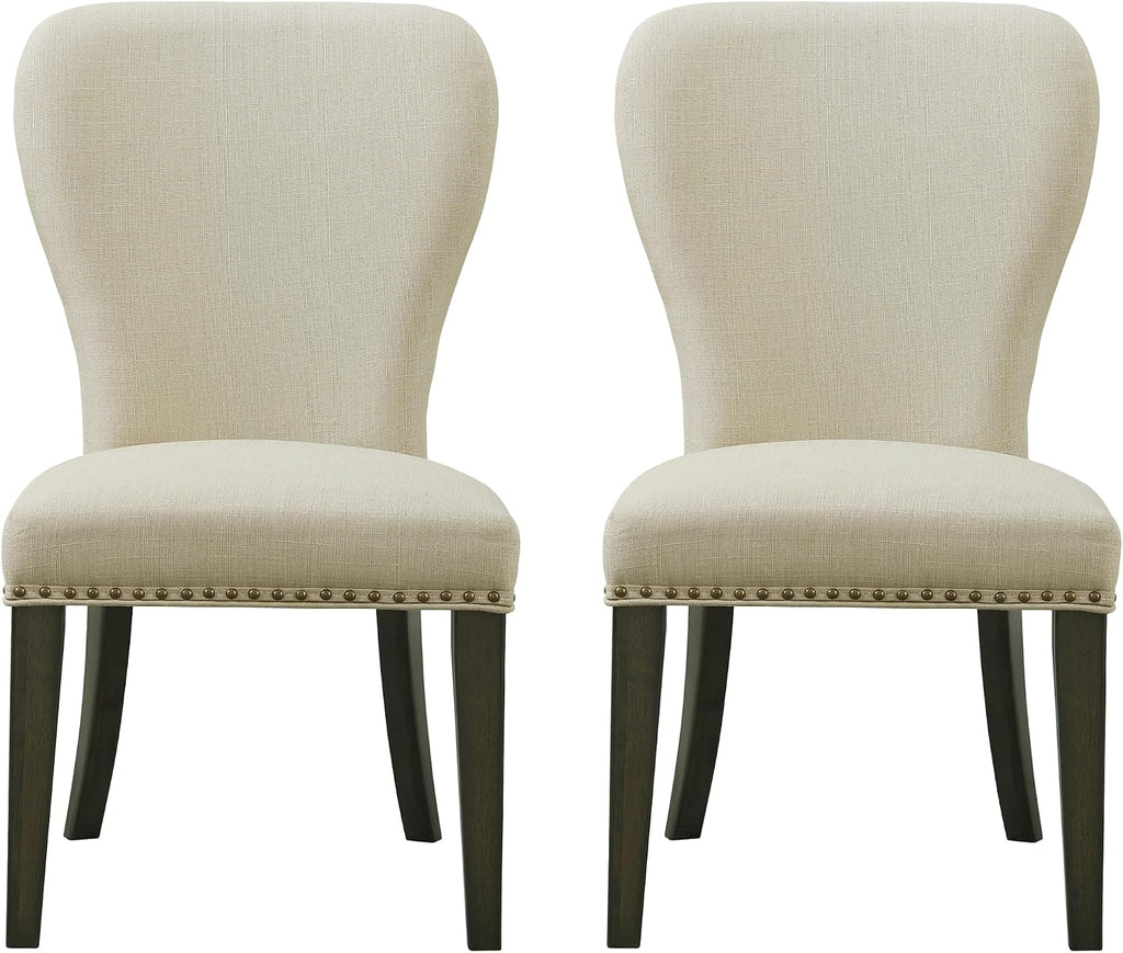 Savoy Upholstered Dining Chairs – Set of 2 Parsons Style Accent Chairs with Cream Linen Fabric, Nailhead Trim, and Dark Stained Legs – for Dining Room, Desk, or Sitting Area by Alaterre Furniture