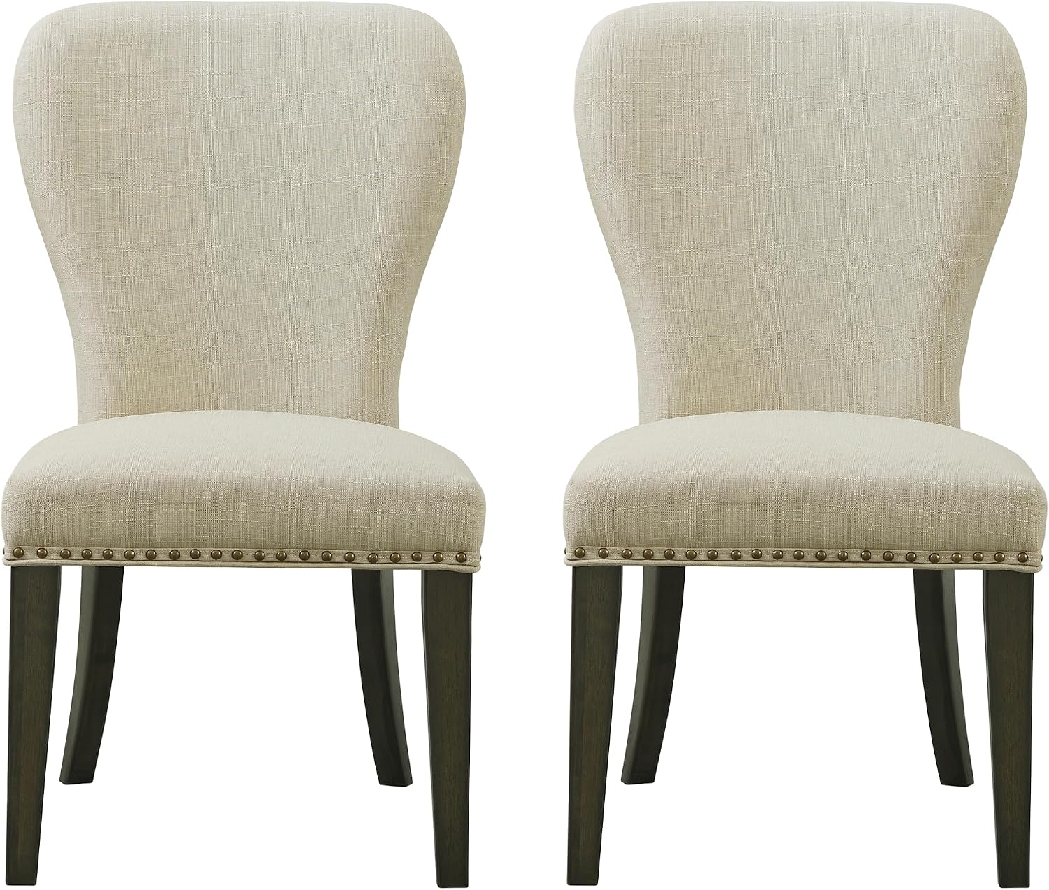 Savoy Upholstered Dining Chairs – Set of 2 Parsons Style Accent Chairs with Cream Linen Fabric, Nailhead Trim, and Dark Stained Legs – for Dining Room, Desk, or Sitting Area by Alaterre Furniture
