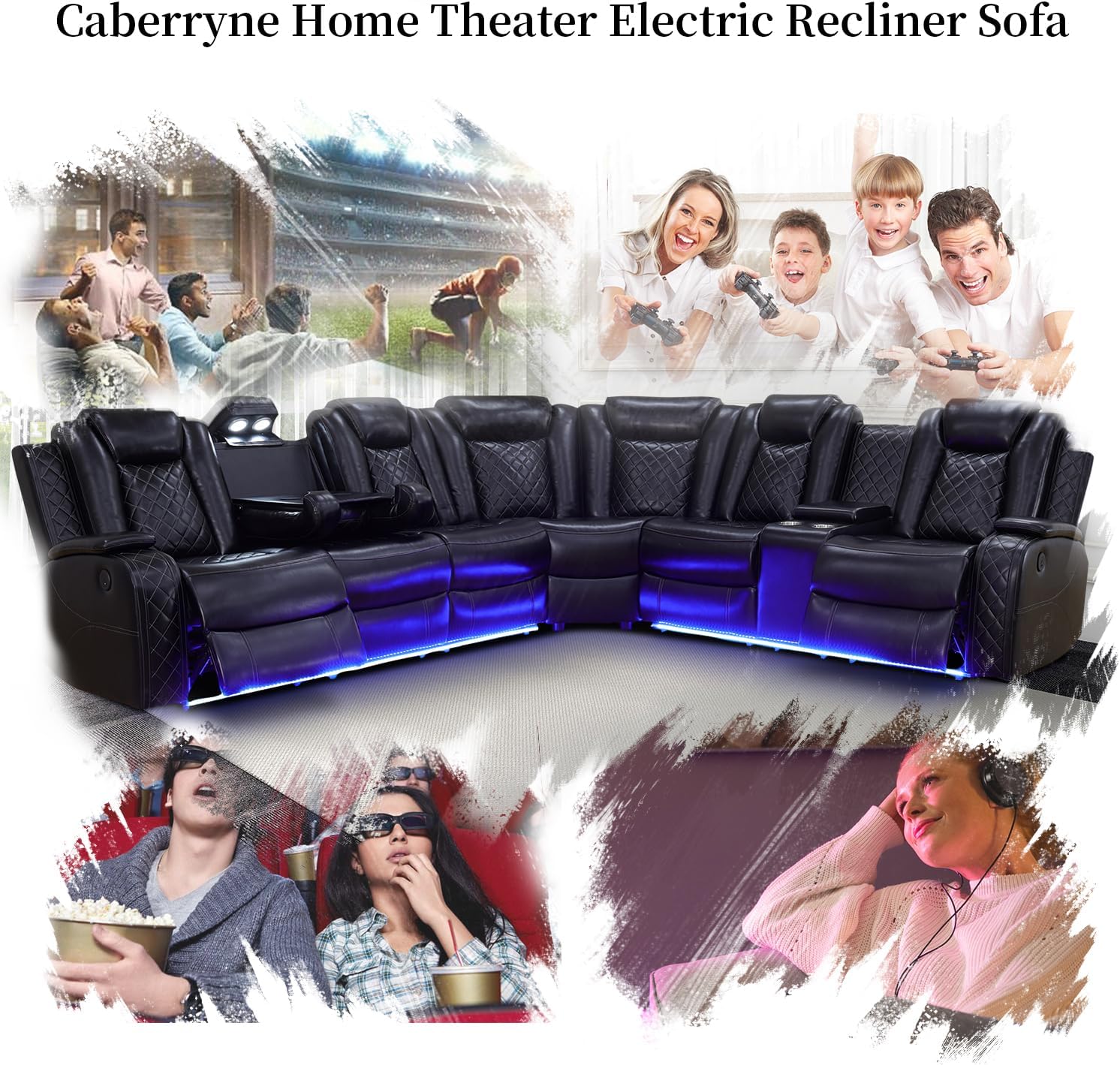 Power Recliner Sofa Sectional Couch with LED Light for Living Room,Leather Reclining Corner Sectional Sofa with 2 Recliner Seats,Cup Holder,Storage Console for House/Home Theater, Black