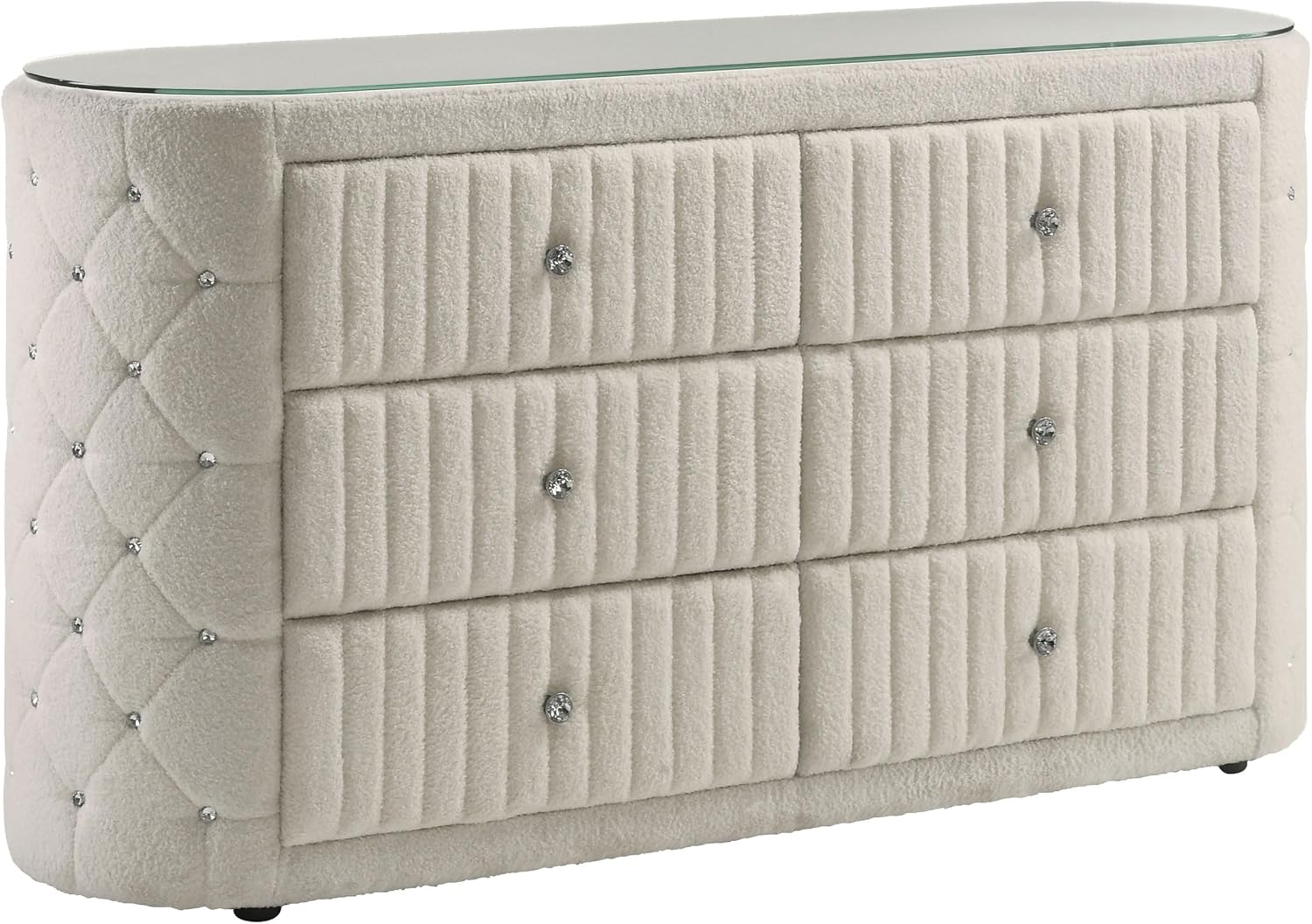 Coaster Home Furnishings - Sonya - Wood - Boucle Upholstered 6-Drawer Dresser with Crystal Hardware, Tufted Panels and Glass Top - Bedroom - Ivory - 360113