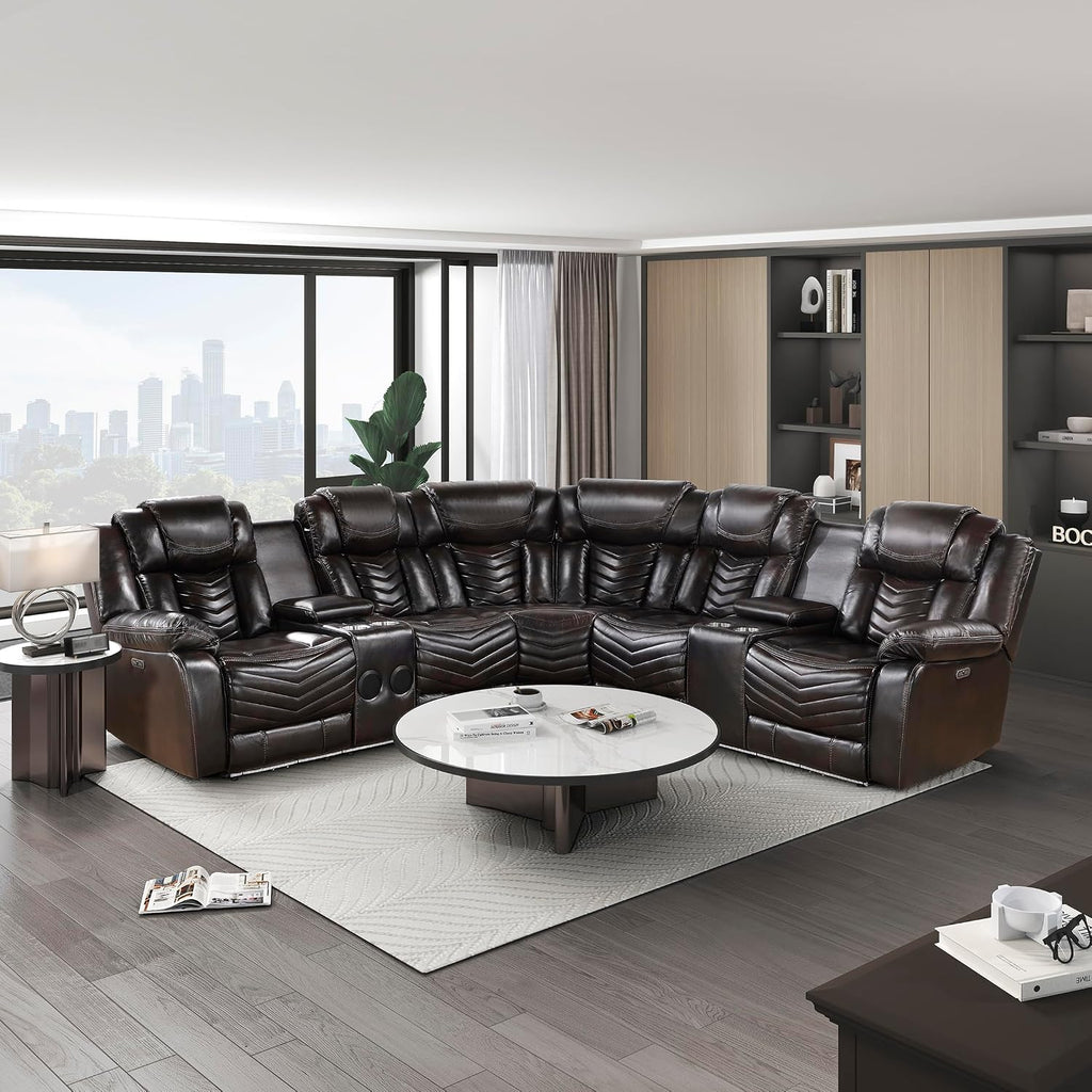 Lexicon Modern 3-Piece Power Reclining Sectional Sofa, Wall Hugger Faux Leather Sectional Couch, with Consoles, Speakers, Subwoofer and Led Lighting, for Living Room/Office/Apartment, Dark Brown