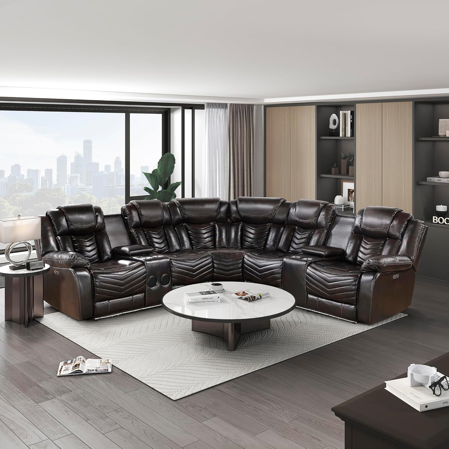 Lexicon Modern 3-Piece Power Reclining Sectional Sofa, Wall Hugger Faux Leather Sectional Couch, with Consoles, Speakers, Subwoofer and Led Lighting, for Living Room/Office/Apartment, Dark Brown