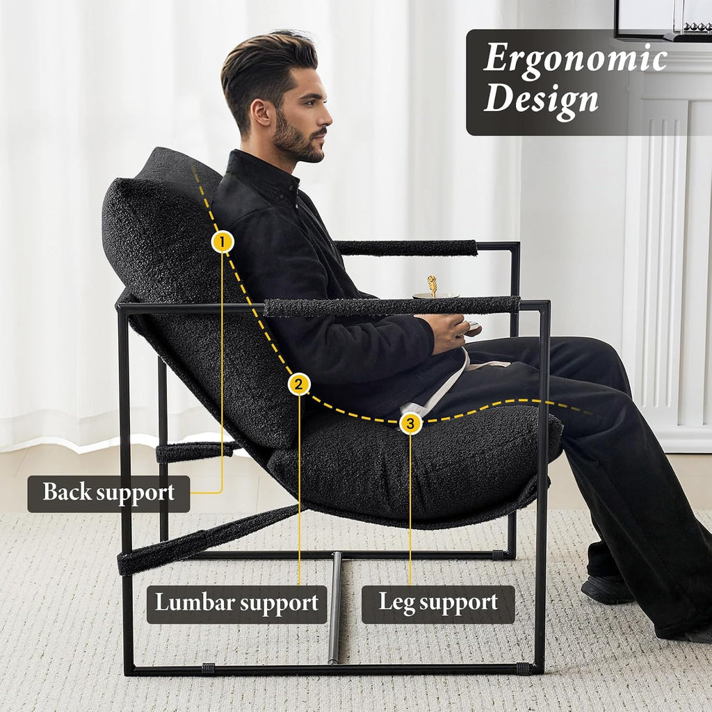 Furnilivng Large Sling Accent Chair, Comfortable Boucle Fabric Arm Chair, Upholstered Cozy Reading Chair for Living Room, Bedroom, Dressing Room, Home Office (Black, Set of 2)