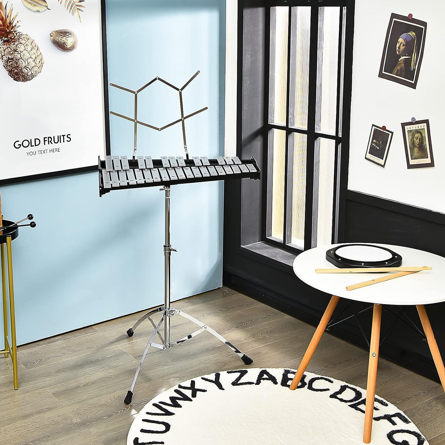 MEDIMALL 32 Notes Glockenspiel Kits, Percussion Xylophone with Adjustable Stand, Music Stand, 8' Practice Pad, Bell Mallets, Wood Drumsticks & Carrying Bag, Glockenspiel for Beginners & Professionals