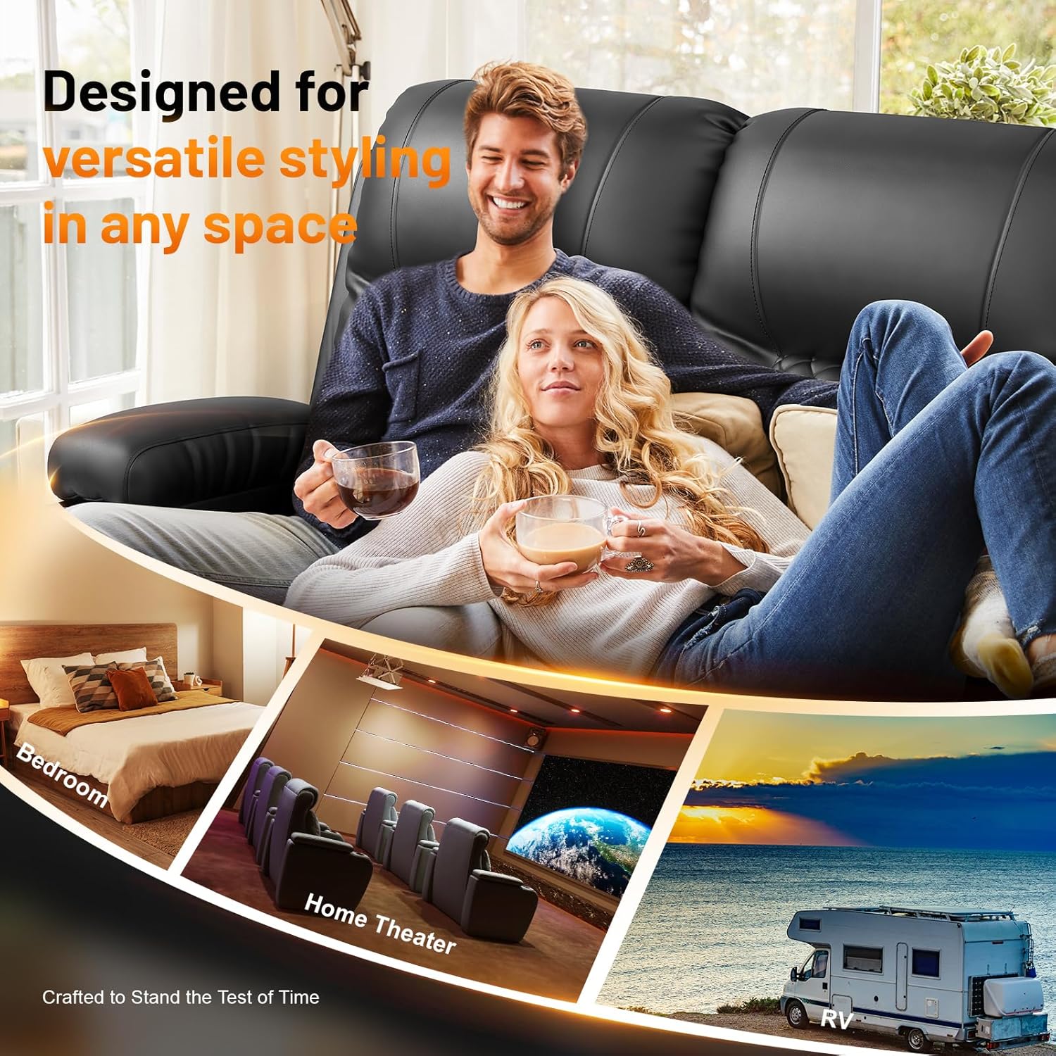 FURNIMAT Loveseat Recliner Sofa, Modern Dual Reclining Sofa with Flip Back Console, 3 Seater PU Leather Loveseat Couch for Living Room/RV, with Storage, USB Ports, Cup Holder, Cell Phone Holder, Black