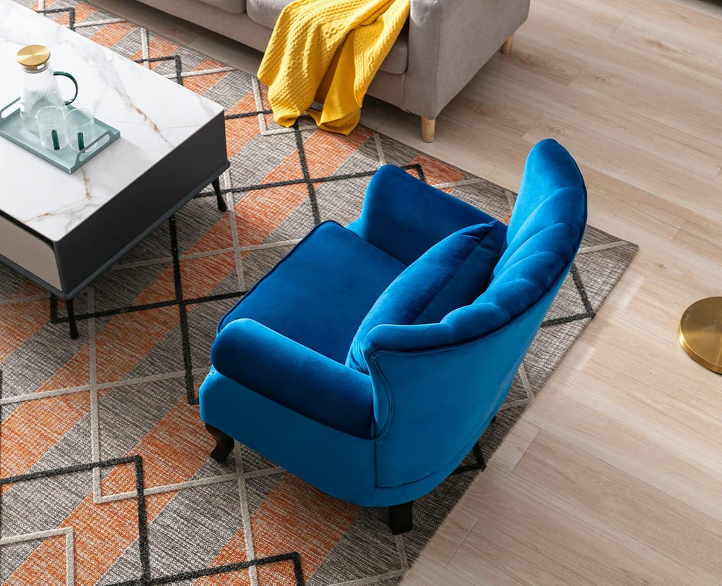 Kmax Blue Accent Chair Velvet Wingback Chair with Pillow Nail-Head Channel Tufted Oversized Club Chair for Living Room Bedroom Guest Room
