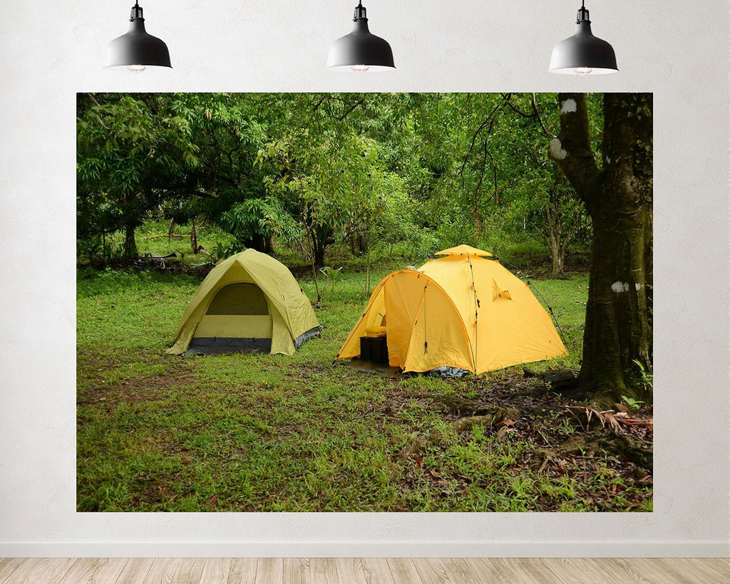 Trykid 20x10ft Yellow Tent Jungle Lush Backdrop Verdant Forest Remote Campsite Tapestry Photography Background for Outdoor Adventure Nature Scout Party Decoration Photo Studio Prop Fabric
