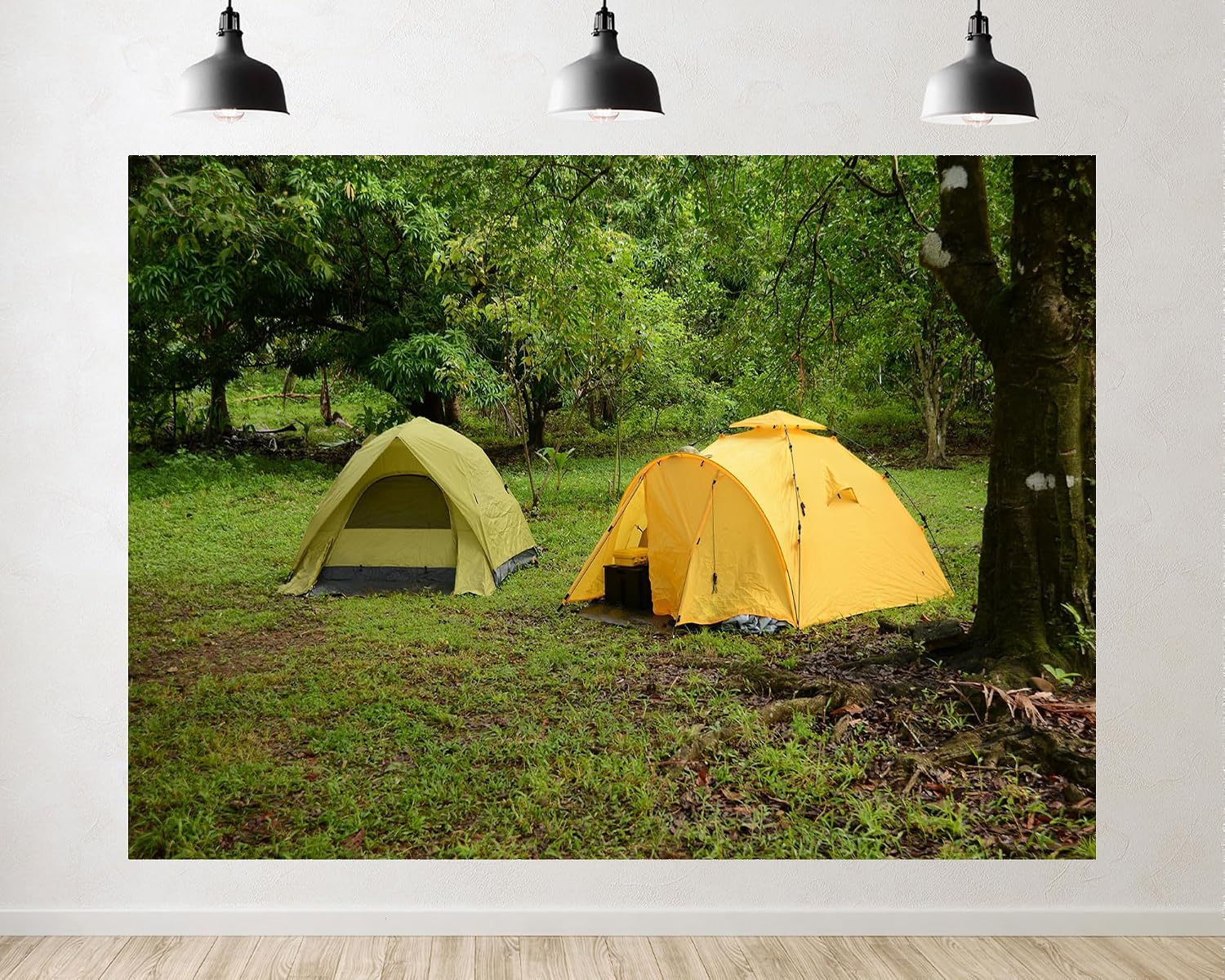 Trykid 20x10ft Yellow Tent Jungle Lush Backdrop Verdant Forest Remote Campsite Tapestry Photography Background for Outdoor Adventure Nature Scout Party Decoration Photo Studio Prop Fabric
