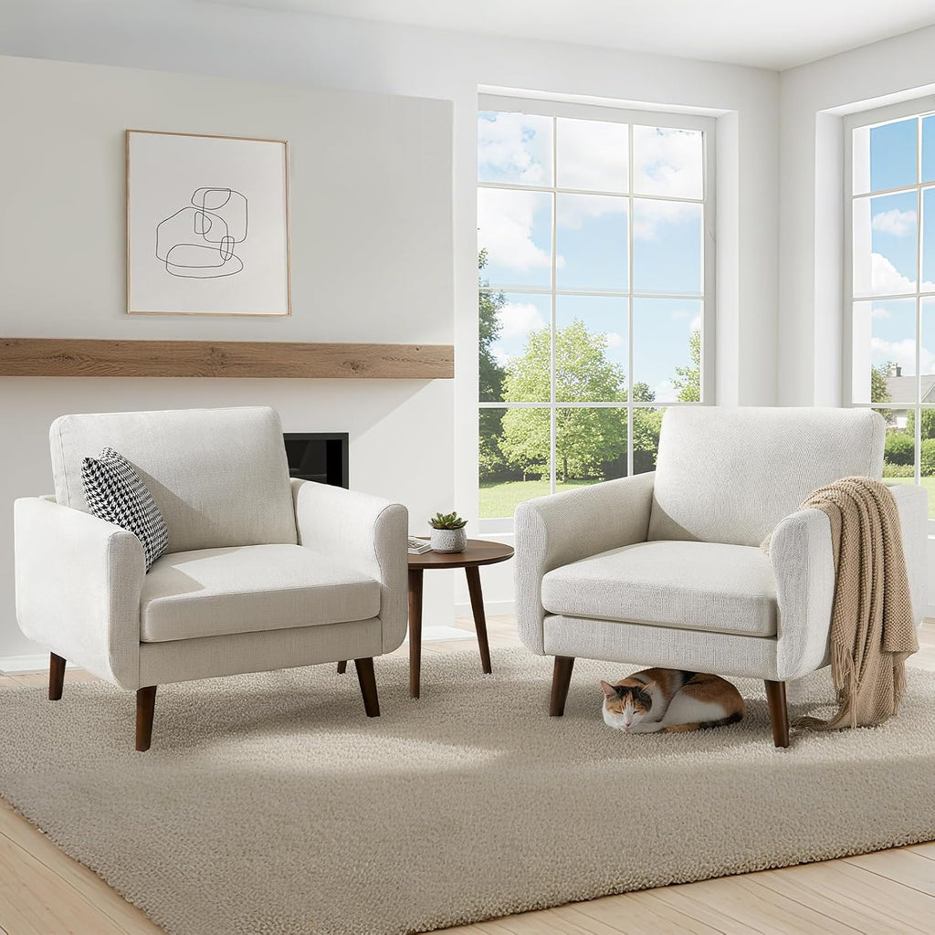 Oversized Accent Chair for Living Room, 37' Mid-Century Modern Comfy Reading Chair, Linen Fabric Solid Wood Frame Armchair, Upholstered Beige Bedroom Accent Chairs Set of 2 for Adults
