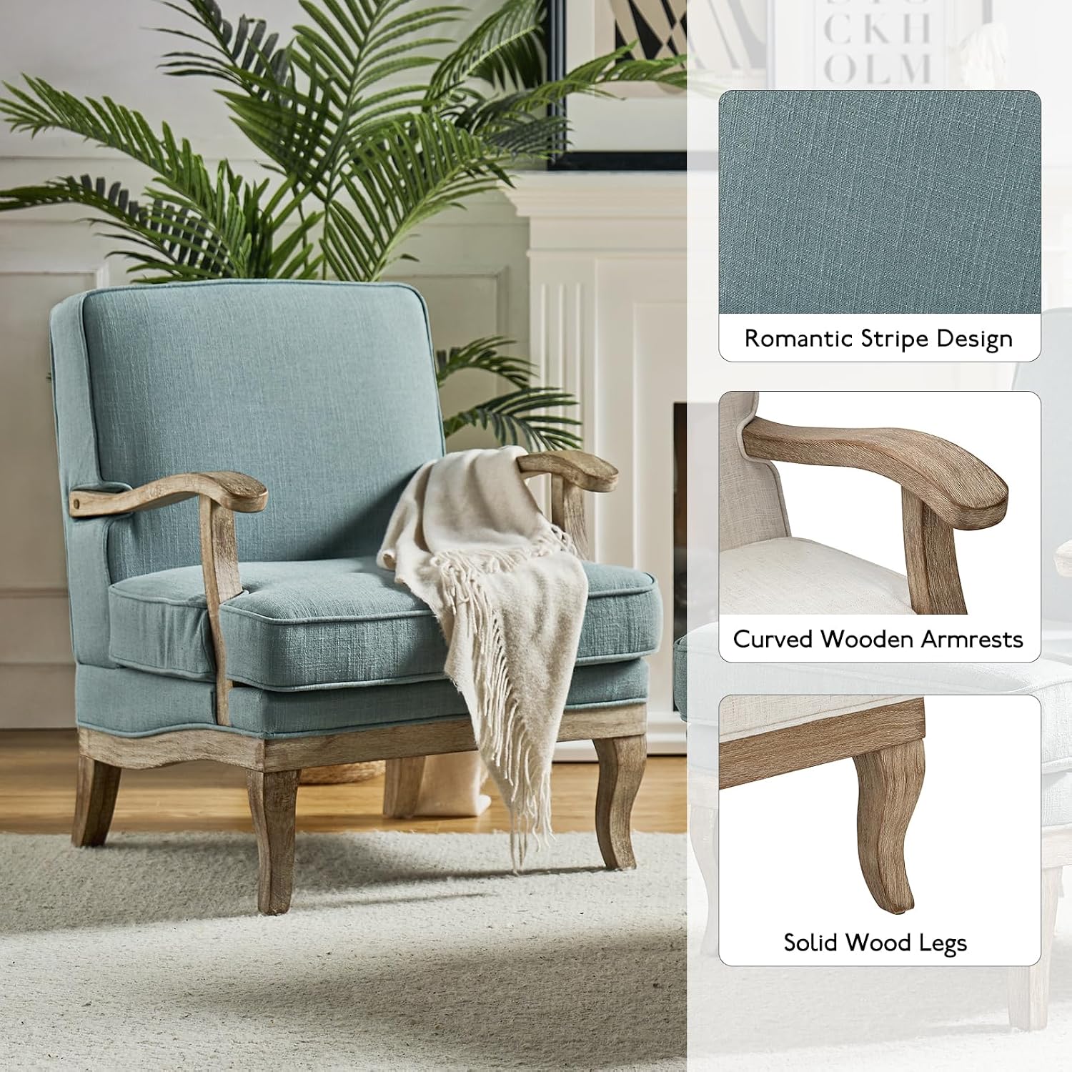 HULALA HOME Mid-Century Modern Accent Chair, Upholstered Lounge Arm Chair with Solid Wood Legs and Armrest, Removable Cushion Comfy Retro Reading Armchair for Living Room, Bedroom, Balcony, Blue
