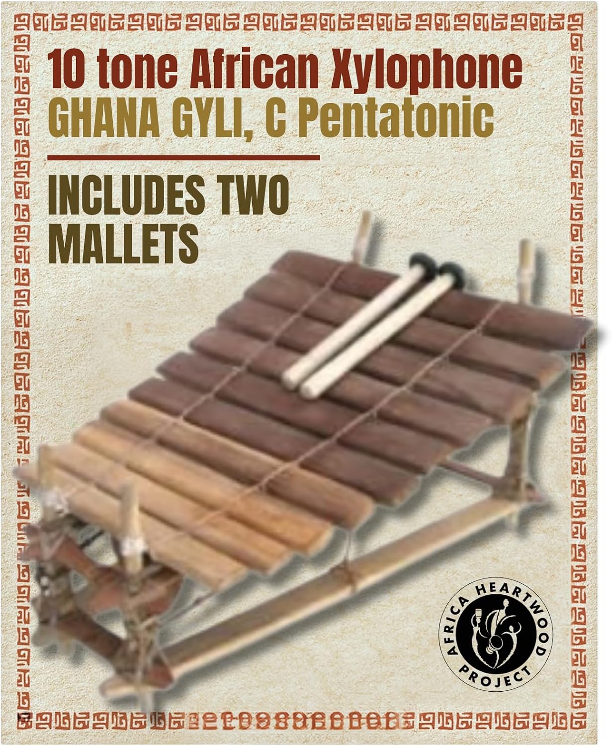 Africa Heartwood Project Classic Heartwood Gyli with Mallets – 10 Key C Pentatonic - African Xylophone Balafon from Ghana, Handcrafted by Village Artisans in Ghana - Key of C-C#