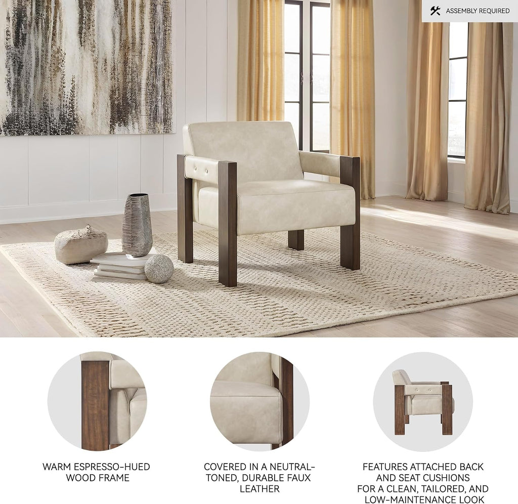 Signature Design by Ashley Adlanlock Contemporary Faux Leather Upholstered Solid Wood Accent Chair, Beige & Dark Brown