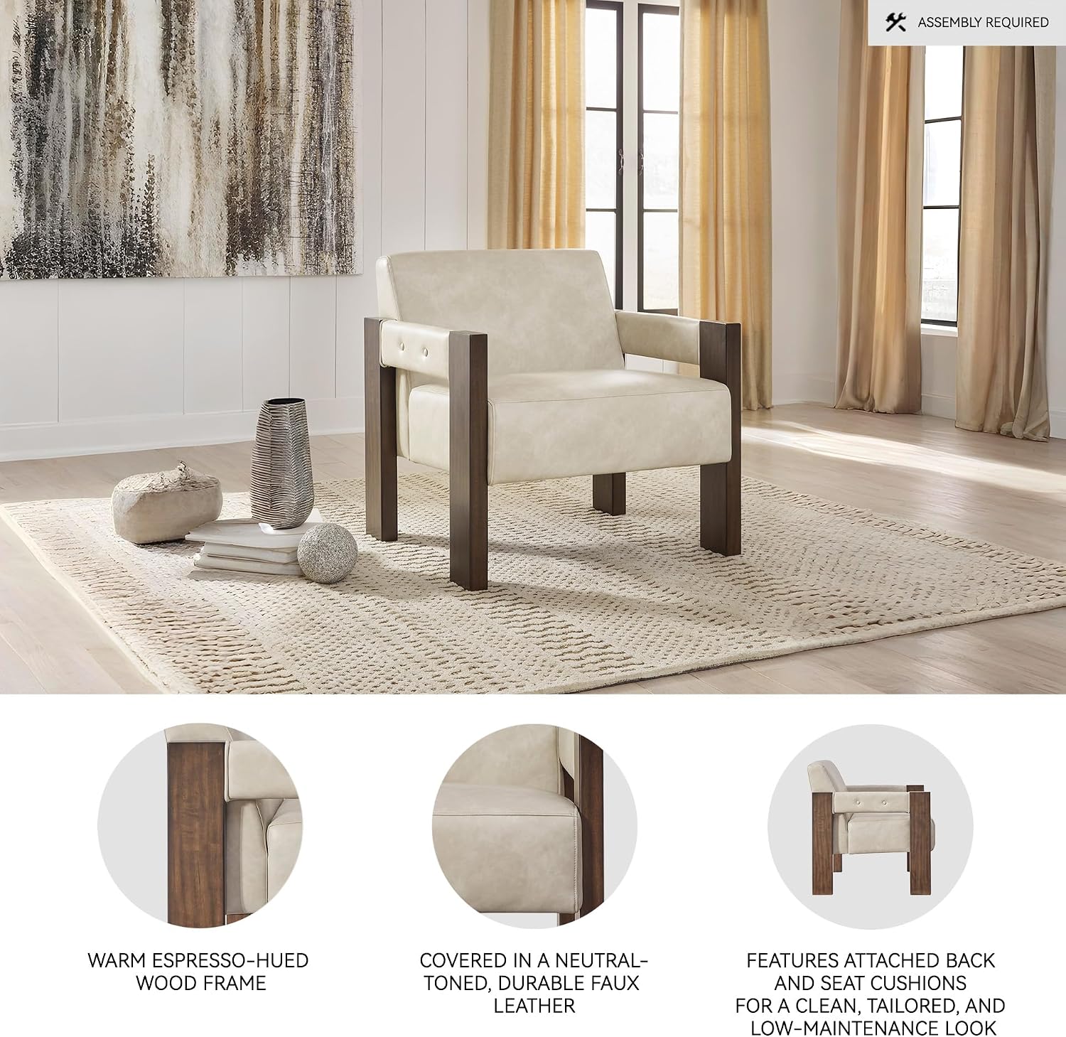Signature Design by Ashley Adlanlock Contemporary Faux Leather Upholstered Solid Wood Accent Chair, Beige & Dark Brown