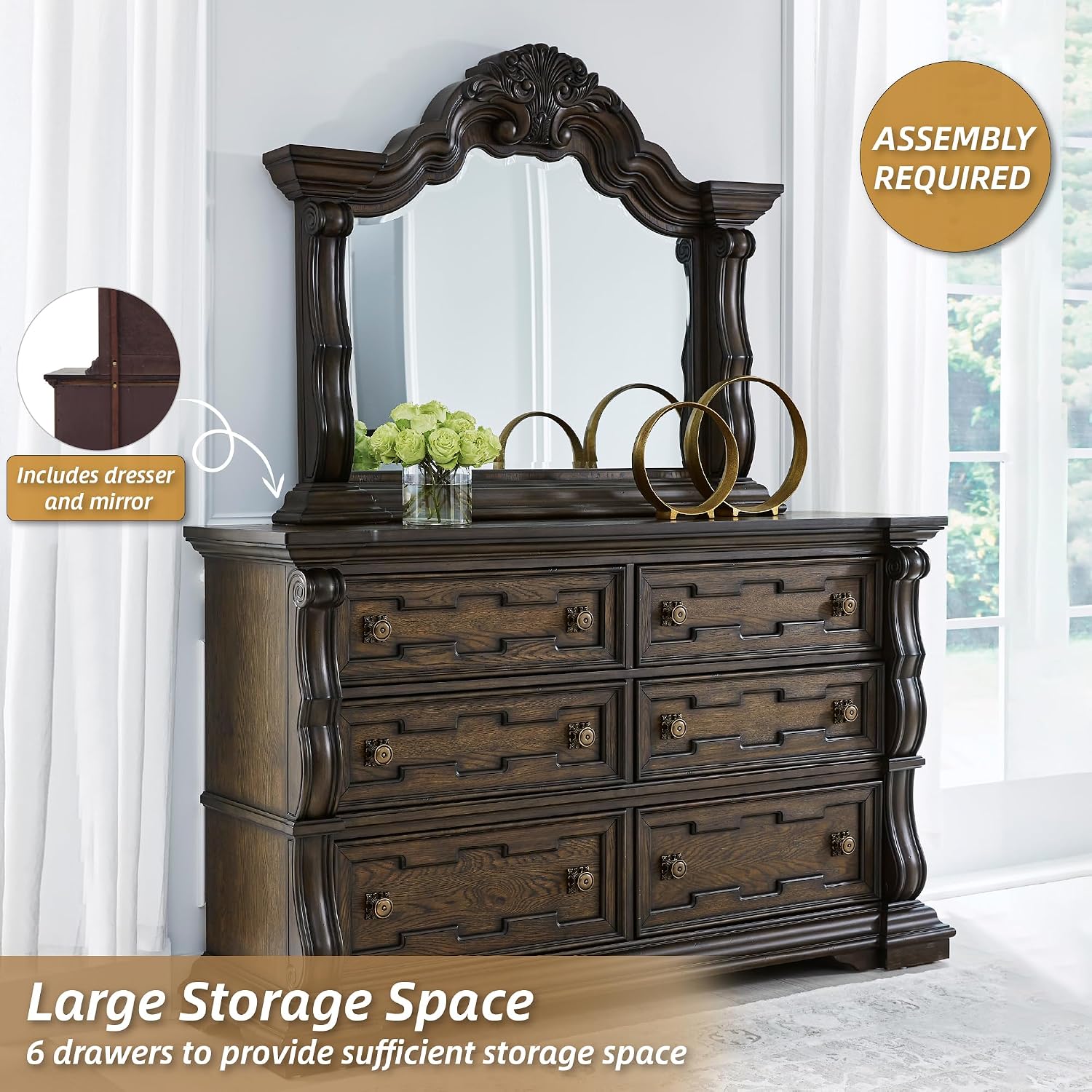 Signature Design by Ashley Maylee 6 Drawer Traditional Dresser with Mirror, Bedroom Chest of Drawers, Hardwood Solids, Oak & Ash Swirl Veneers, MDF Substrates, Cast Resin, Dark Brown