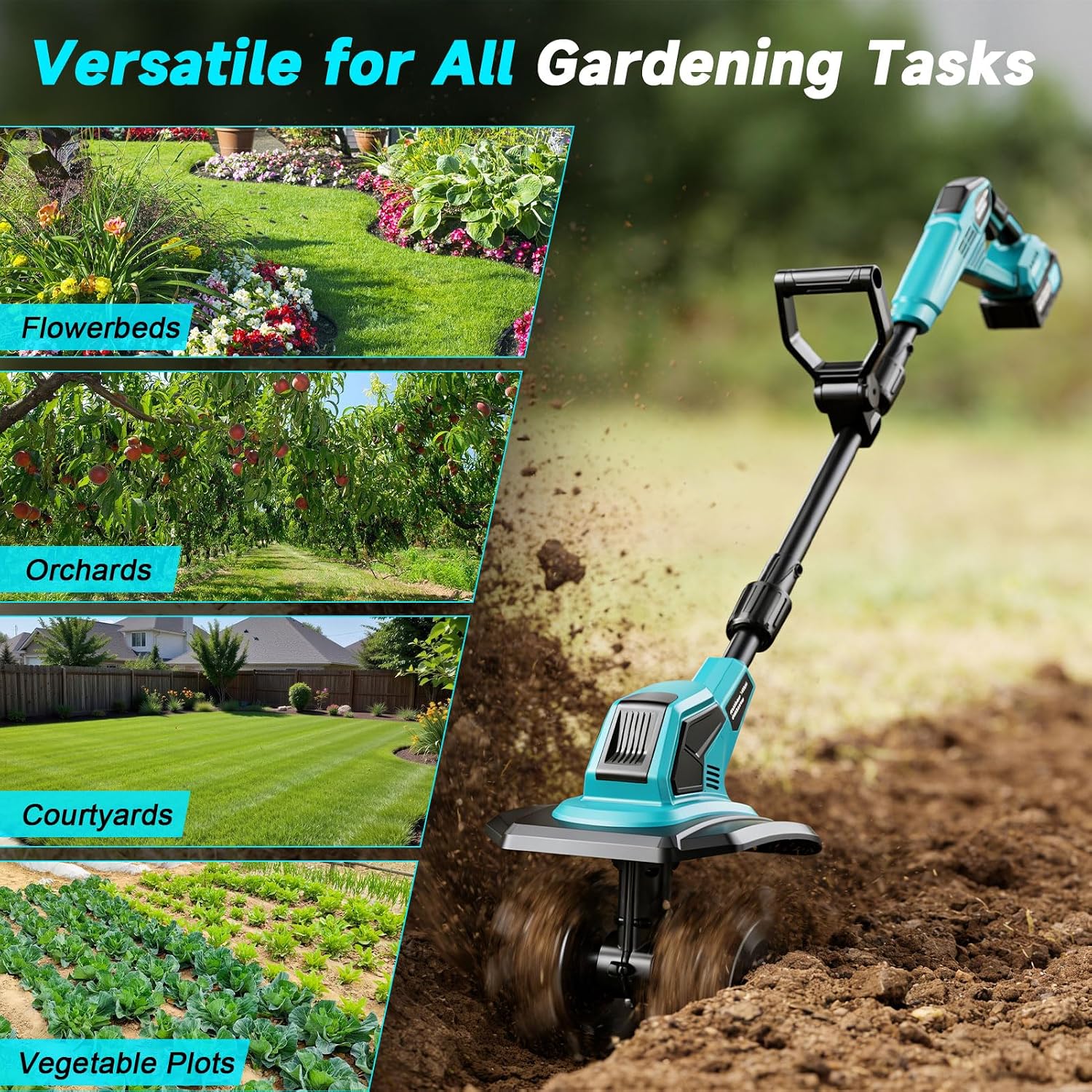 Cordless Tiller Cultivator, 360RPM Electric Garden Tiller, with 2 x 3.0Ah Batteries & Charger, 9In Tilling Width and 6.6In Depth Garden Rototiller for Lawn/Gardening/Soil Cultivation