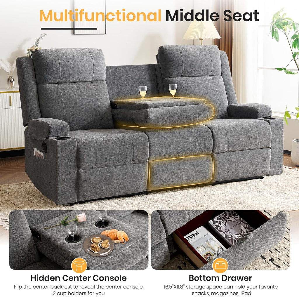 Loveseat Recliner Sofa,RV Loveseat Reclining Couch with Drop Down Table/ 4 Cup Holder/Hidden Storage, Wall Hugger Recliner Sofa for Living Room & Home Theater & RV