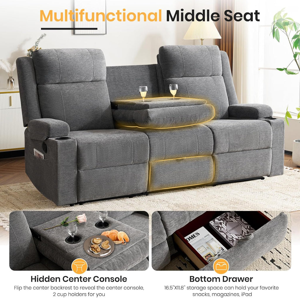 Manual Recliner Sofa Set for Living Room, Comfy Chenille Loveseat Recliner Sofa & Deep Seat Reclining Couch, RV Wall Hugger Loveseat Sofa Set for Living Room Furniture Sets(Gray)