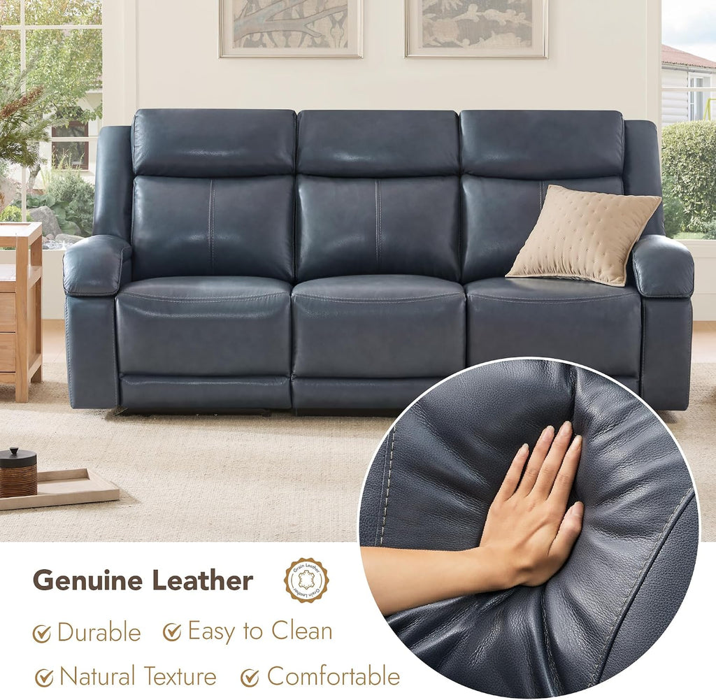 Watson & Whitely Genuine Leather Power Recliner Sofa, 3 Seater Wall Hugger Reclining Sofas with Power Headrest, USB & TypeC Ports, Electric Recliner Couch Set for Living Room, Navy