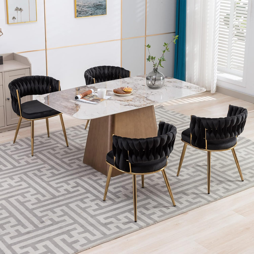 KCC Velvet Dining Chairs Set of 2, Gold Modern Dining Chair with Metal Legs, Woven Upholstered Dining Chairs for Dining Room, Kitchen, Vanity, Living Room (Black)