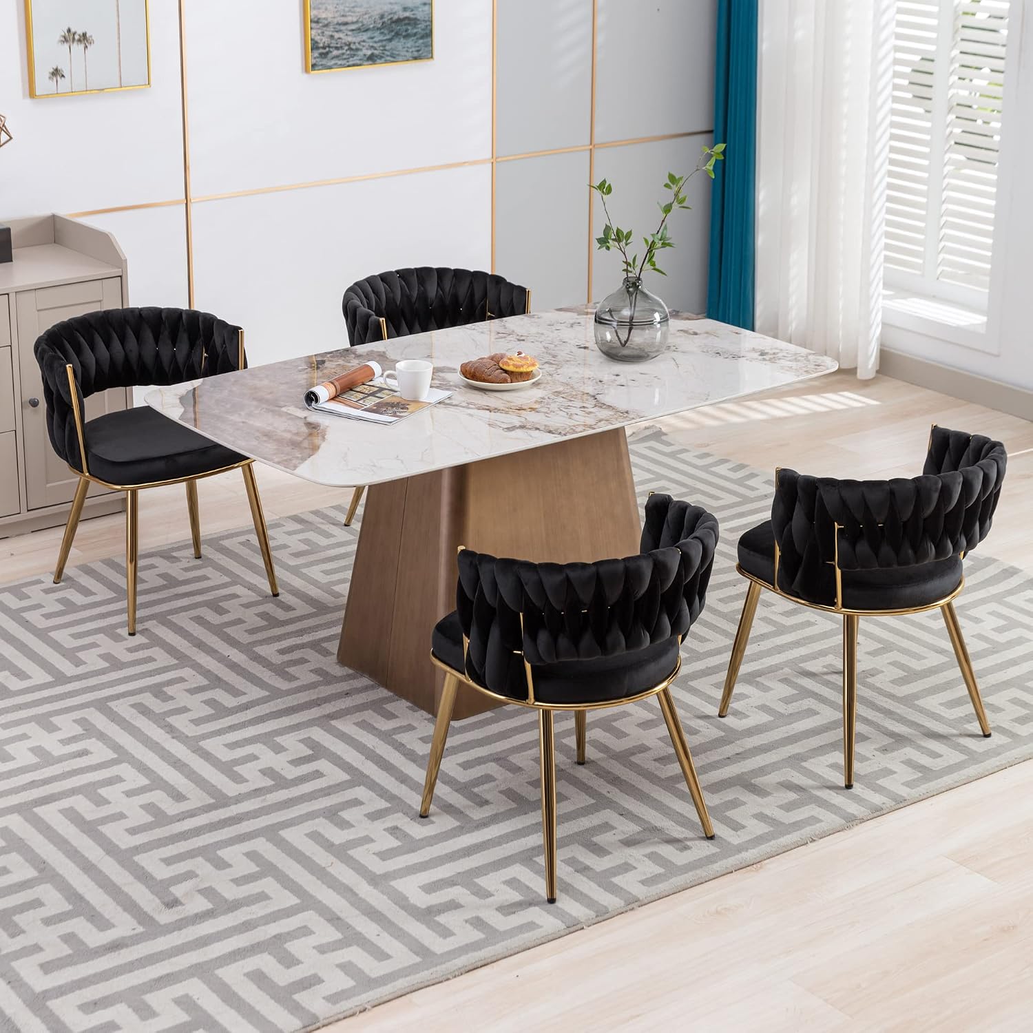 KCC Velvet Dining Chairs Set of 2, Gold Modern Dining Chair with Metal Legs, Woven Upholstered Dining Chairs for Dining Room, Kitchen, Vanity, Living Room (Black)