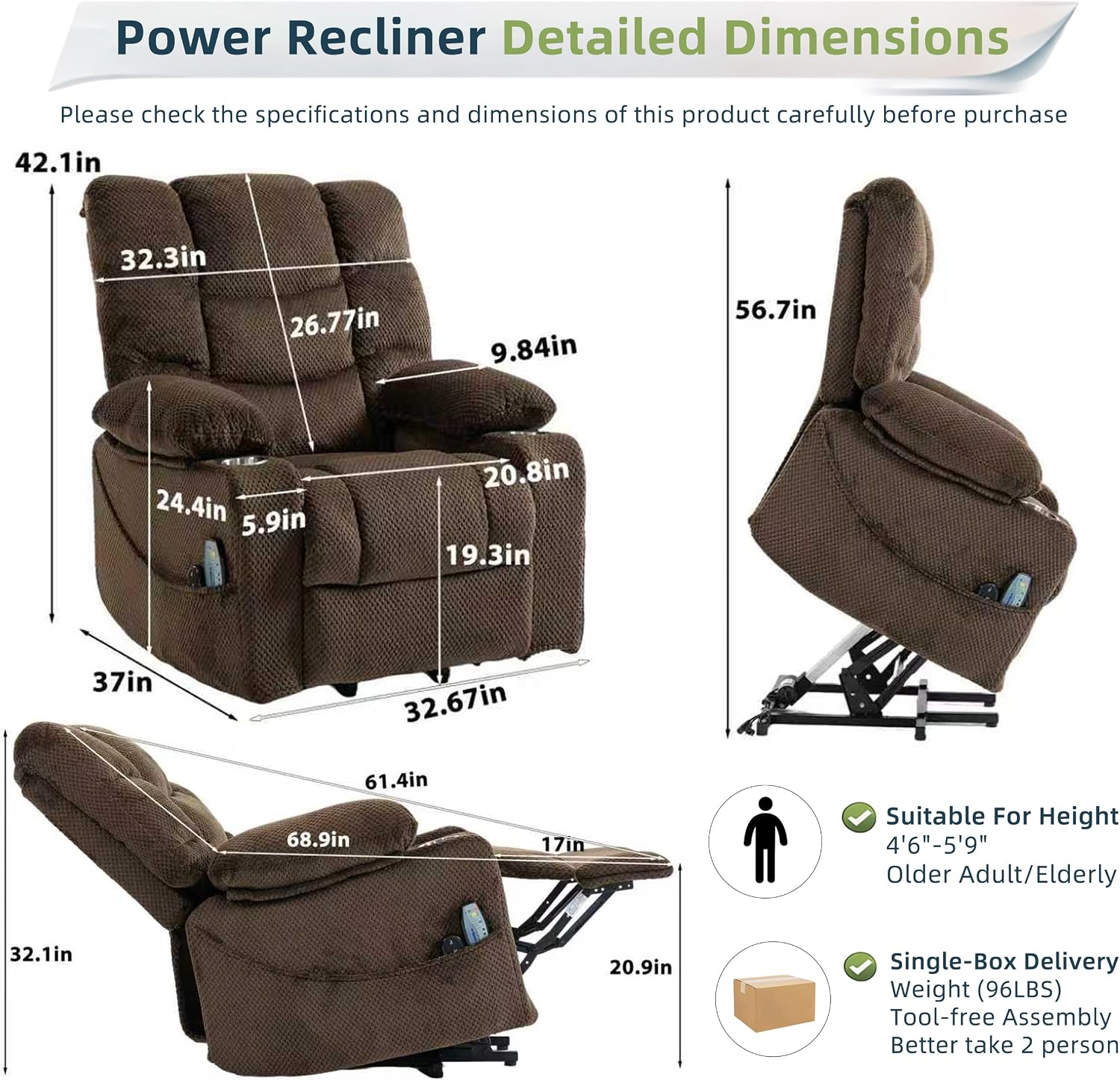 Power Lift Recliner Chair for Elderly, Overstuffed Back Lift Chair with Massage/Heat, Power Recliner Lay Flat 160° Cup Holders for Living Room（Brown）