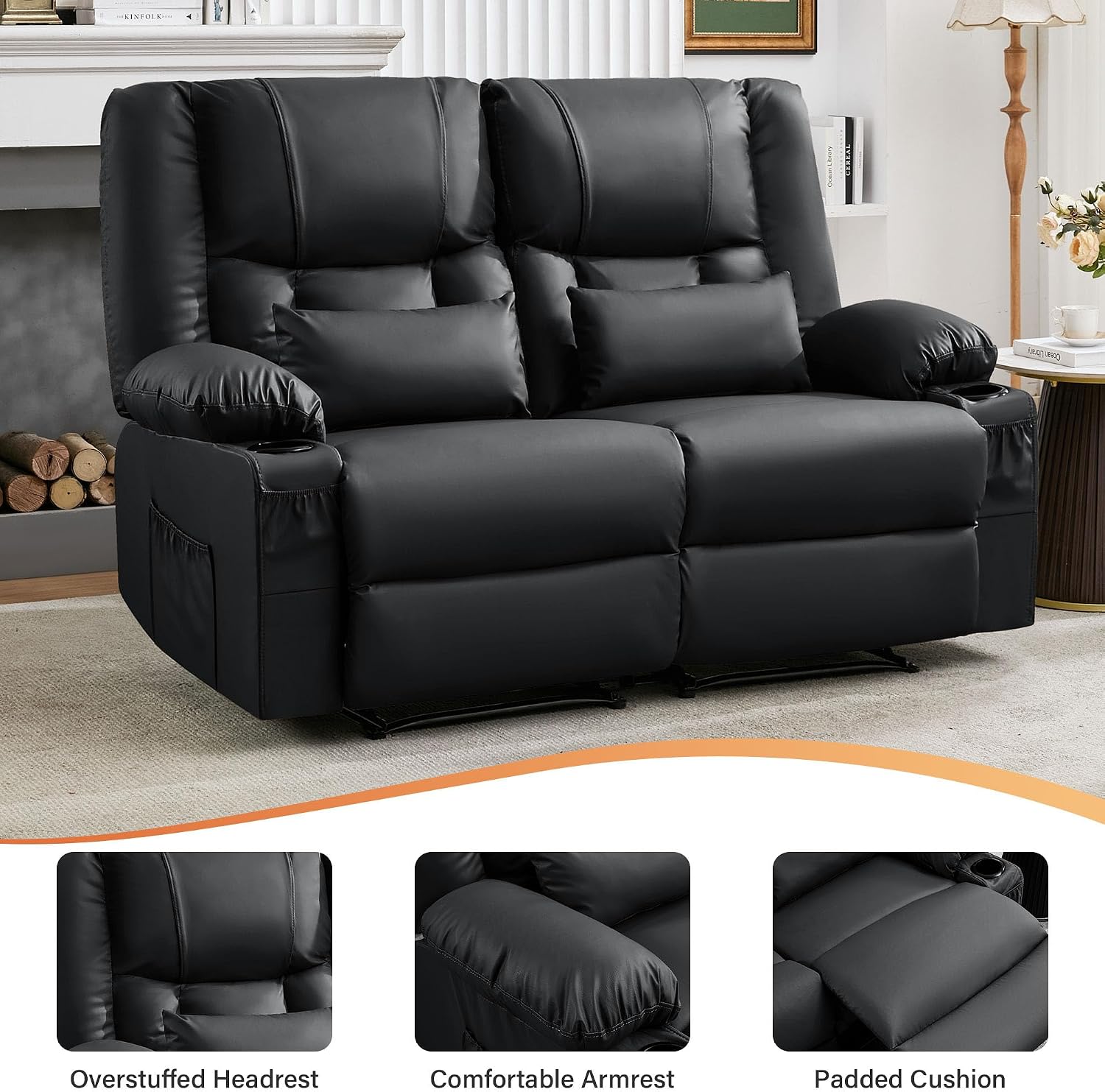 Black Leather Loveseat Recliner with Massage/Heat, Oversized Recliner Couch & Reclining Loveseat with Cup Holders/Pillow, Manual Reclining Sofa For Living Room/Rv/Home Theater Seating (Black)