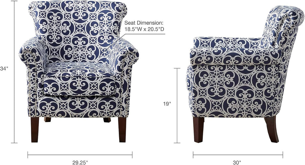 Madison Park Brooke Upholstered Accent Chair with Solid Wood Legs and Rolled Arms, Nailhead Trim, Tight Back, Fretwork Print, Chic Padded Cushion Seat Bedroom Lounge Comfy for Reading, 29.25' W, Navy