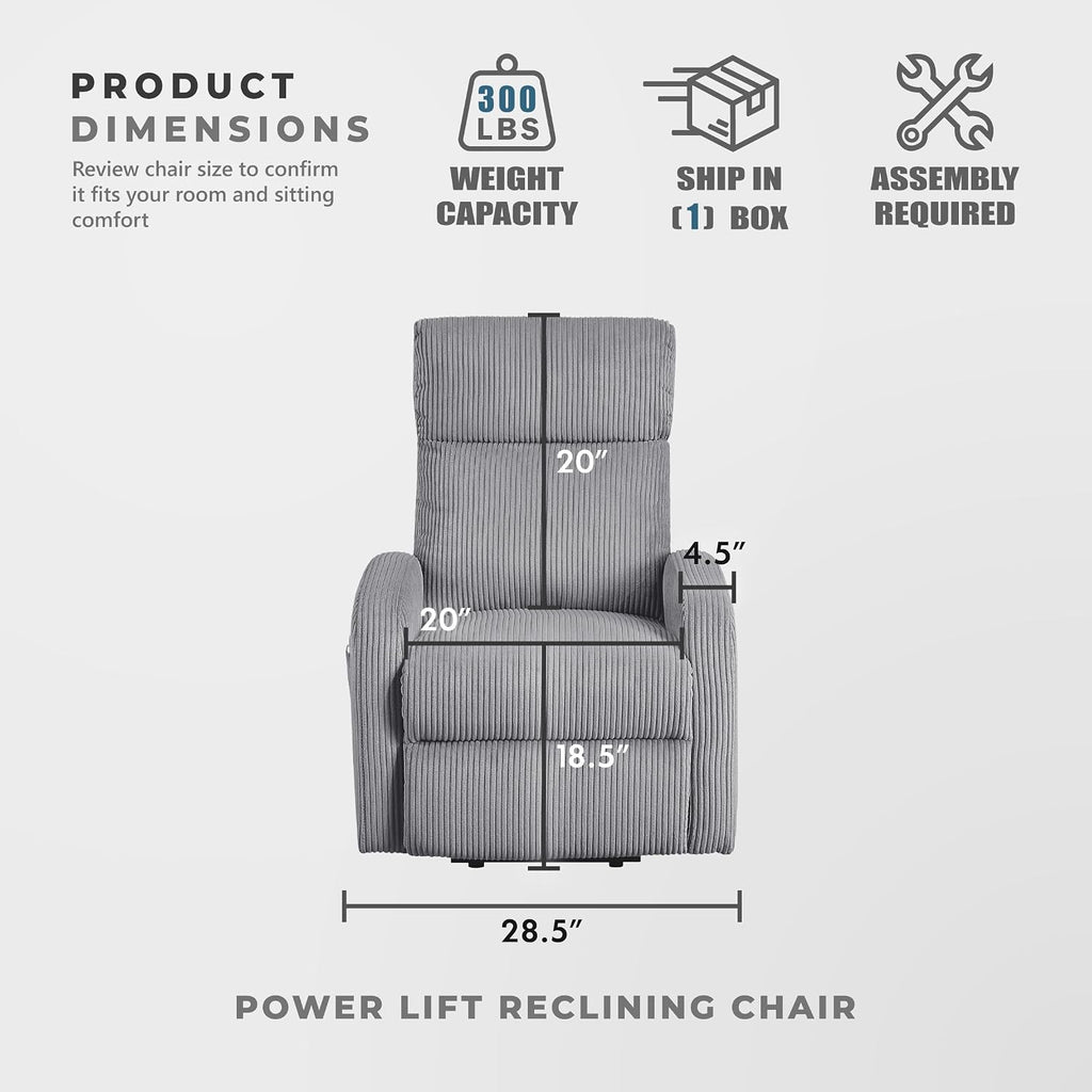 Lexicon Power Lift Recliner Chair for Elderly with Remote Control, Gentle Lift Motion, Side Pocket Armrest, Corduroy Upholstered Electric Recliner for Living Room/Bedroom, Easy Assembly, Dark Gray