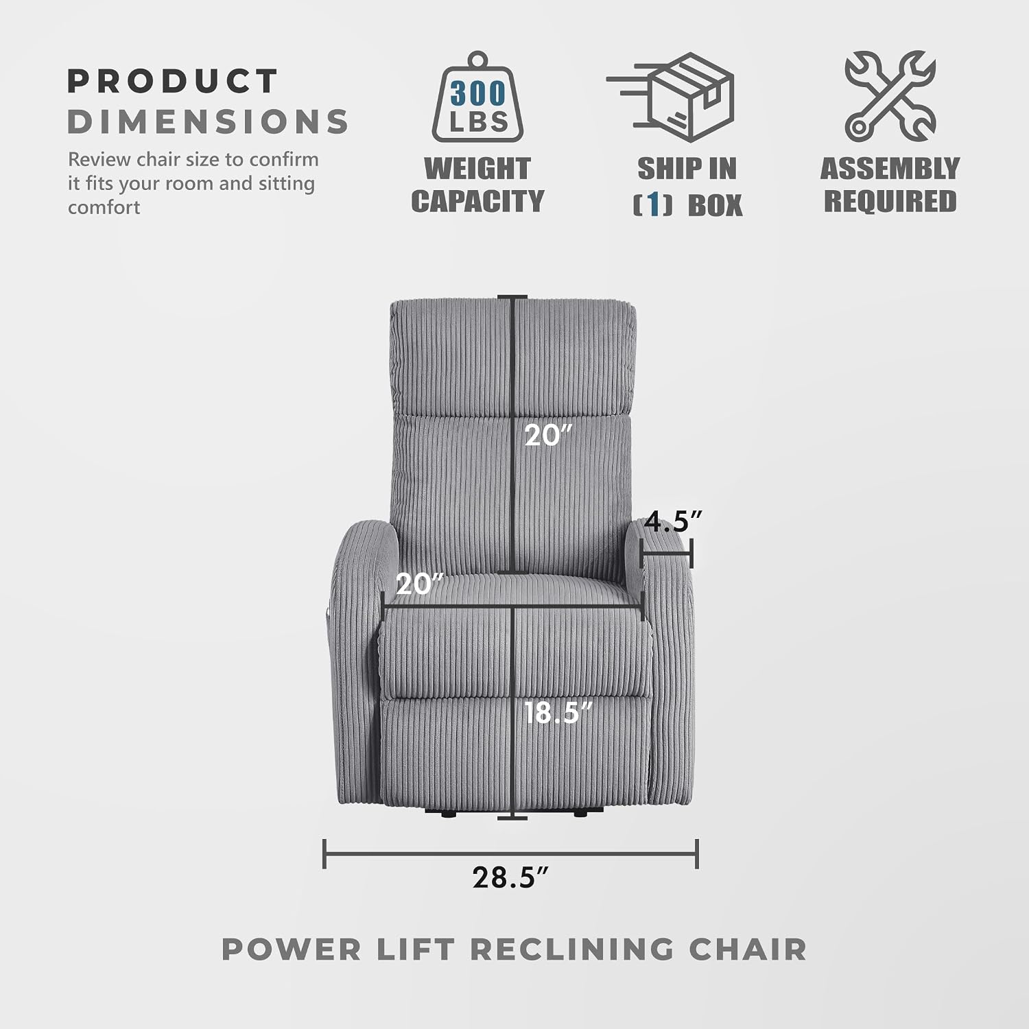 Lexicon Power Lift Recliner Chair for Elderly with Remote Control, Gentle Lift Motion, Side Pocket Armrest, Corduroy Upholstered Electric Recliner for Living Room/Bedroom, Easy Assembly, Dark Gray