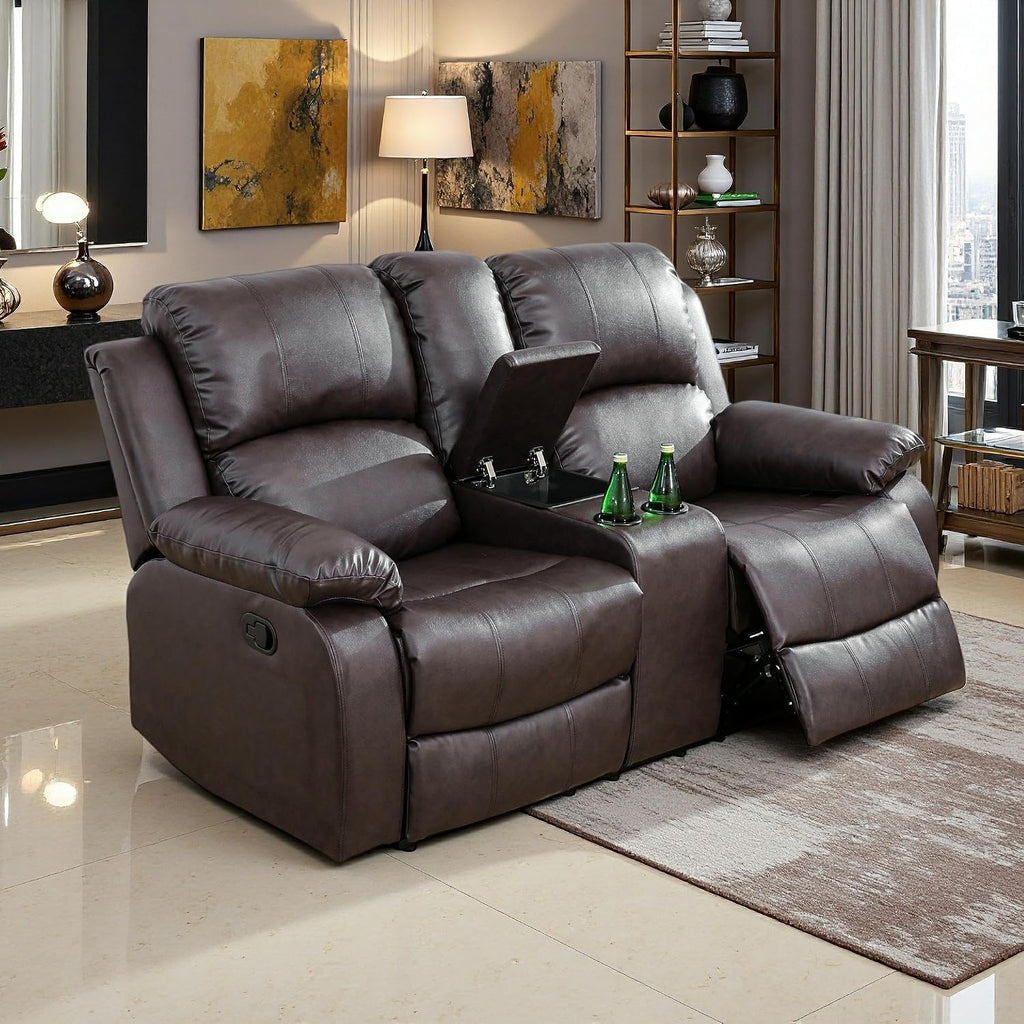 Manual Recliner Loveseat Set, Living Room Furniture Sets, 2 Seater Modern Reclining Couches, Brown Leather Reclining Couch Sets with Storage Console/Cup Holder for Living Room/Apartment