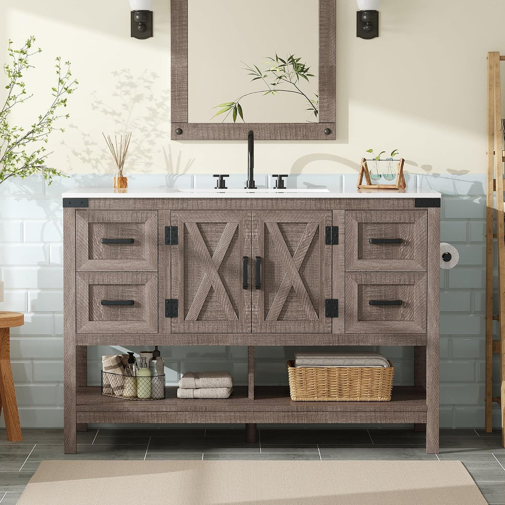 AMERLIFE 48' Farmhouse Bathroom Vanity with Sink, Freestanding Cabinet with 4 Drawers, Double Barn Doors & Open Shelf, Rustic Storage for Master or Family Bathroom, Light Gray