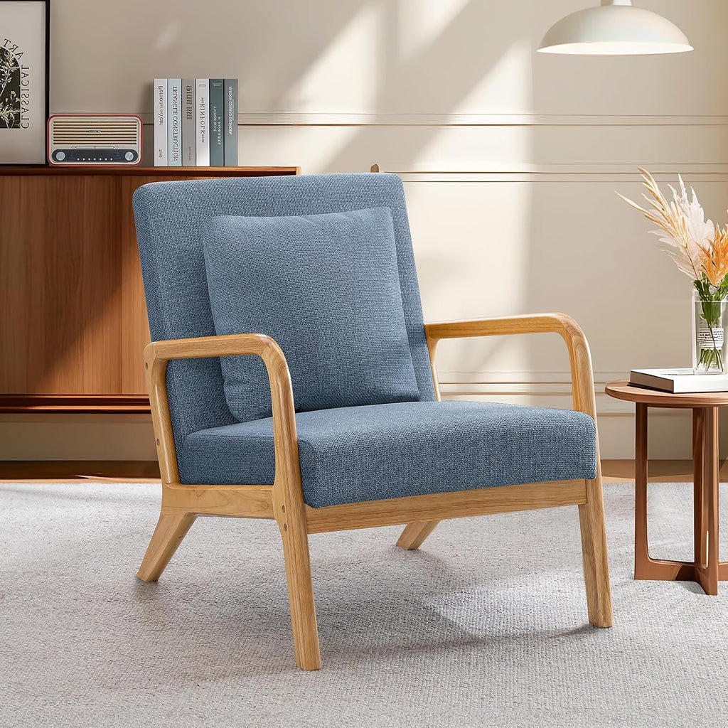 ELUCHANG Mid-Century Modern Accent Chair with Lumbar Pillow,Upholstered Armchair,Linen Fabric Comfy Reading Chair, Lounge Side Chair for Living Room Bedroom Apartment,Easy Assembly(Blue,2pcs)