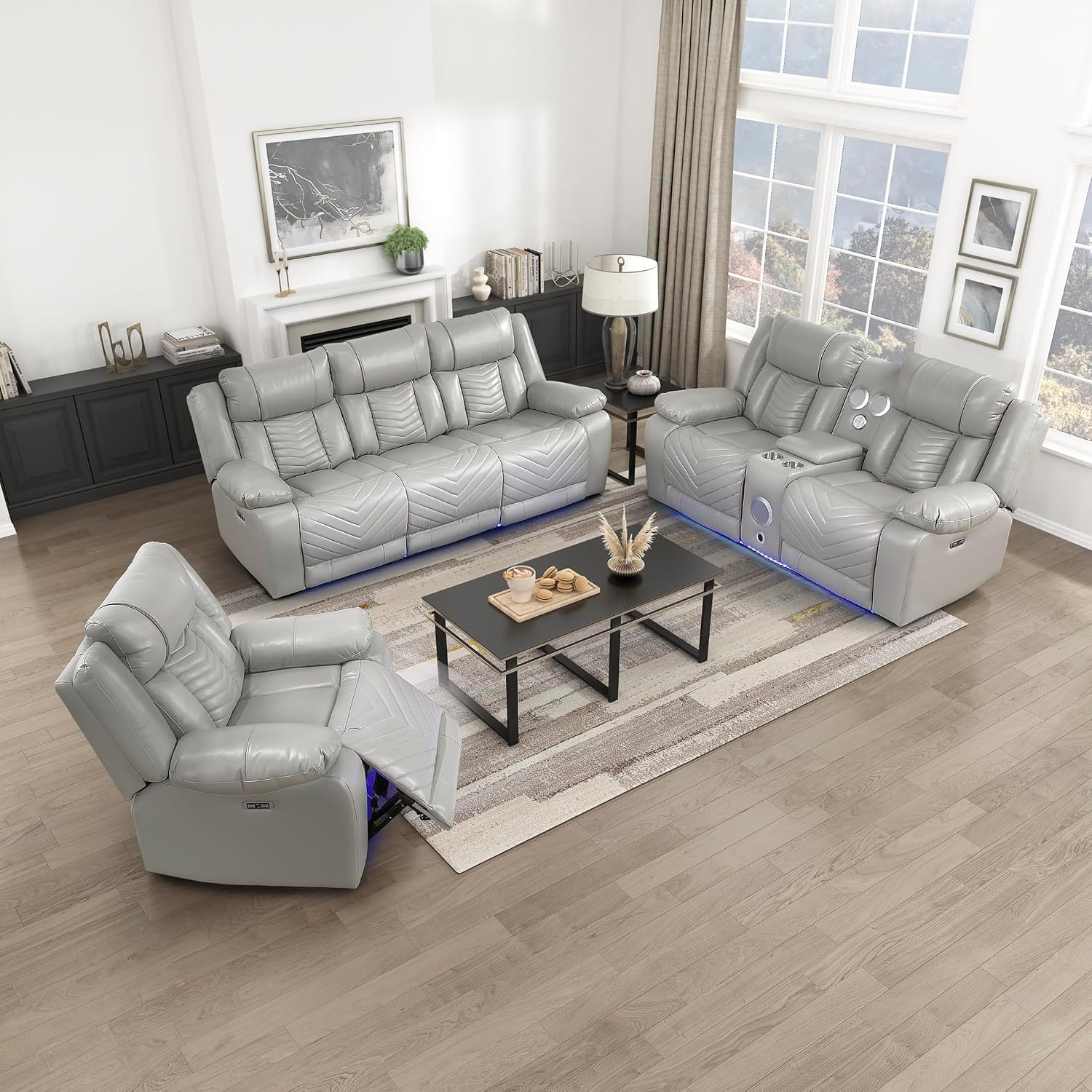 Lexicon 3 Piece Living Room Furniture Set, Power Reclining Sofa Set, Home Theater Seating with Charging Ports/LED Lighting, Wall Hugger Power Double Reclining Sofa, Loveseat, Recliner, 3 Pieces, Gray