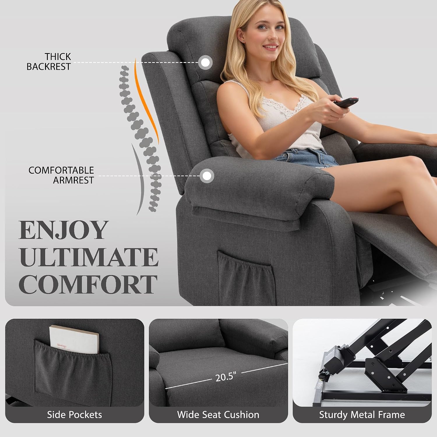 Korser Power Lift Recliner Chair for Elderly, Electric Lift Chair for Adults, Small Recliner with Side Pockets for Living Room Reading Room, Recliner Saves Your Favorite Position, Darkgrey