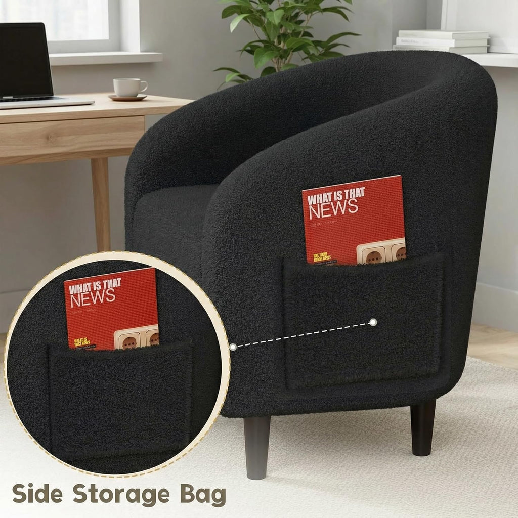 Modern Accent Barrel Chair, Comfy Teddy Fabric Club Armchair with Side Pocket, Easy Assembly Living Room Corner Chair for Bedroom, Office, Reception Space