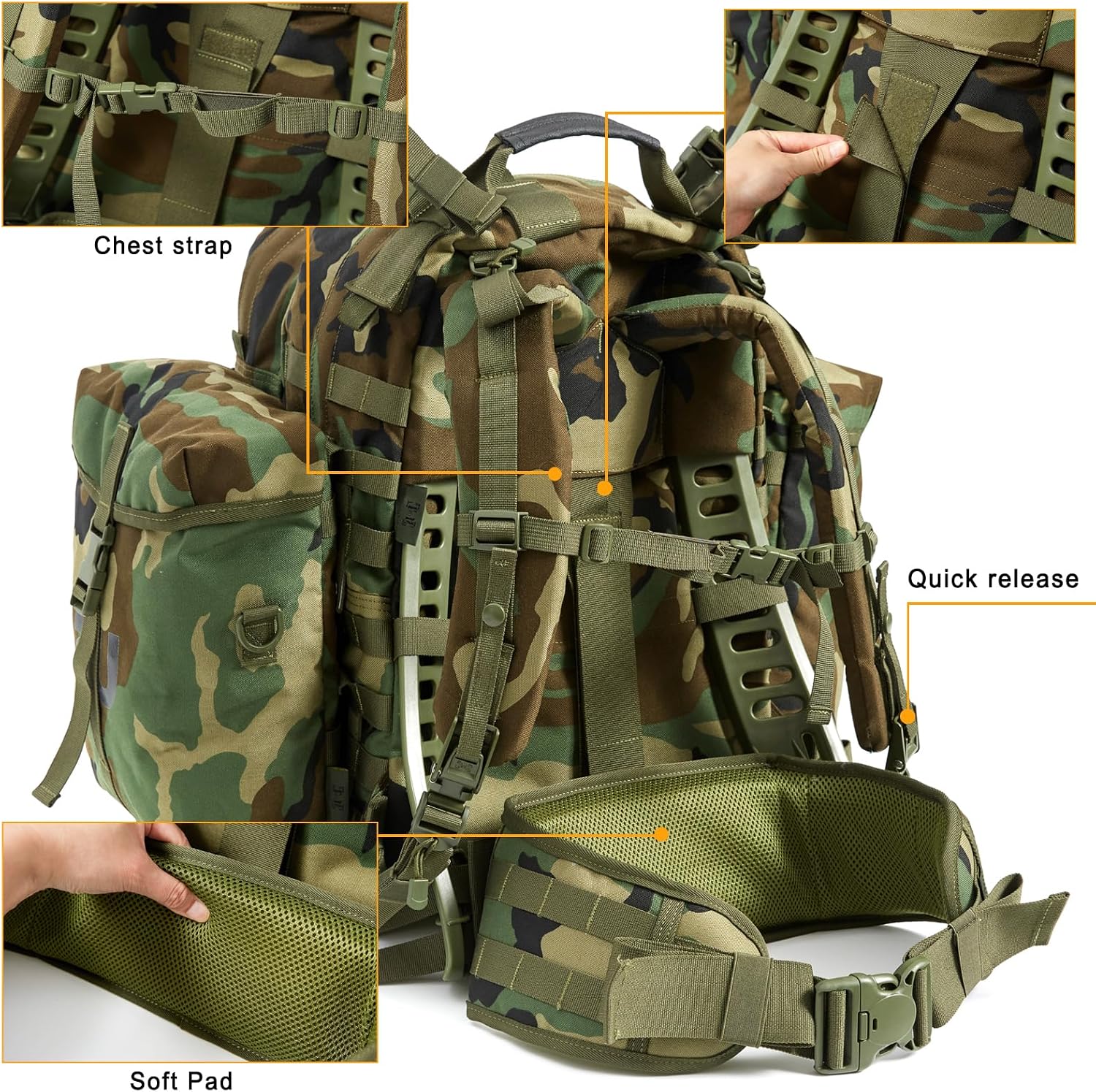 Akmax MOLLE II Medium Rucksack Military Tactical Backpack with Detachable Side Pouches & Upgraded Frame for Enhanced Comfort