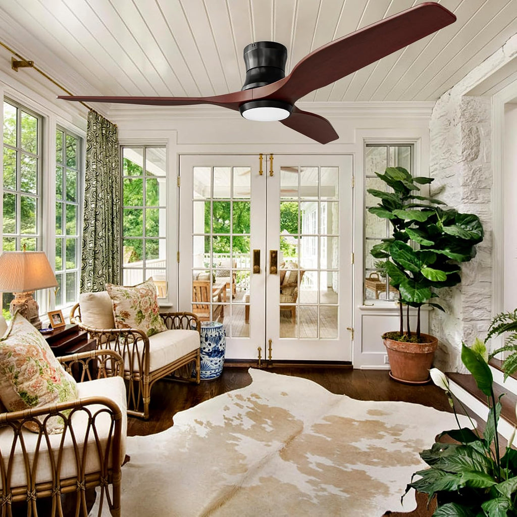 Smart 52' Wood Flush Mount Ceiling Fan for Bedroom, Red Walnut | Quiet DC Motor, WiFi Alexa Voice Control, High CFM Dimmable LED, Low Profile, Reversible, 6 Speeds Adjustment, Time Setting